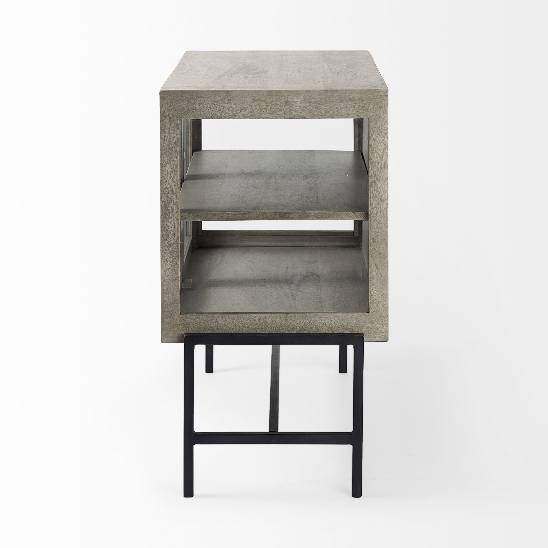 arelius 36l x 18w x 32h gray wood, black metal base w/ 2 glass doors accent cabinet