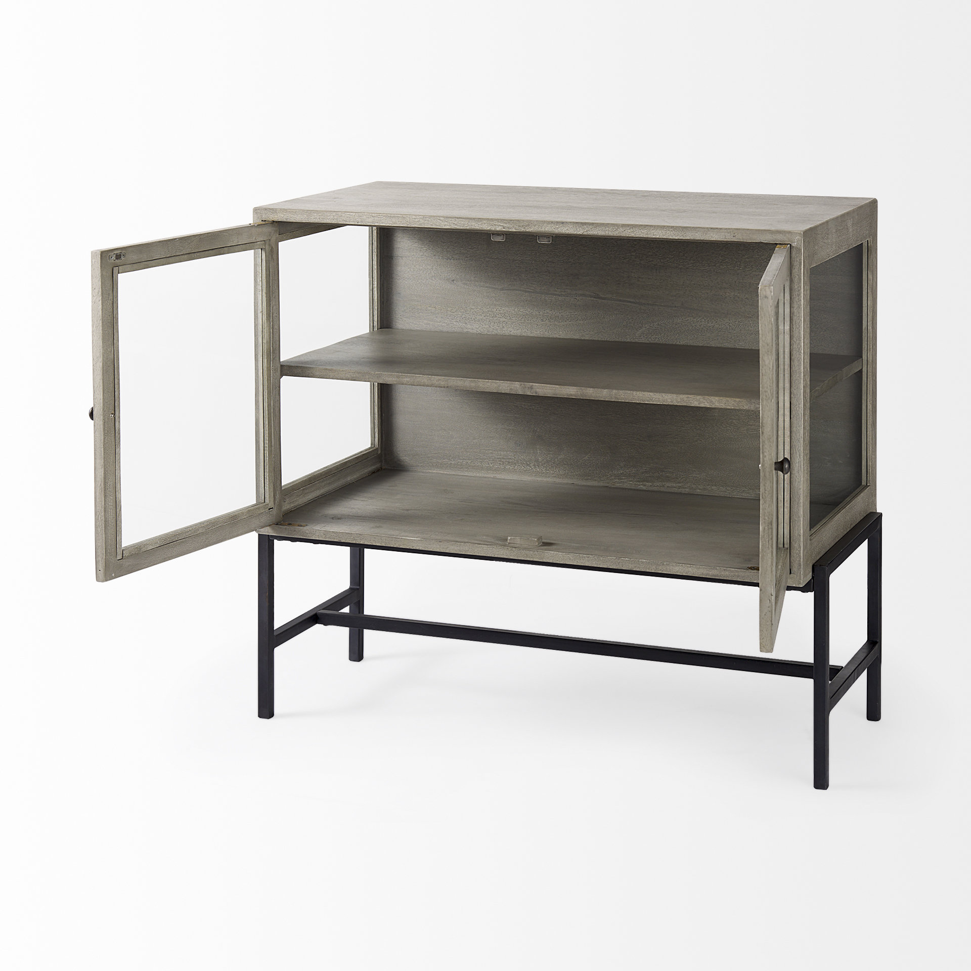 arelius 36l x 18w x 32h gray wood, black metal base w/ 2 glass doors accent cabinet