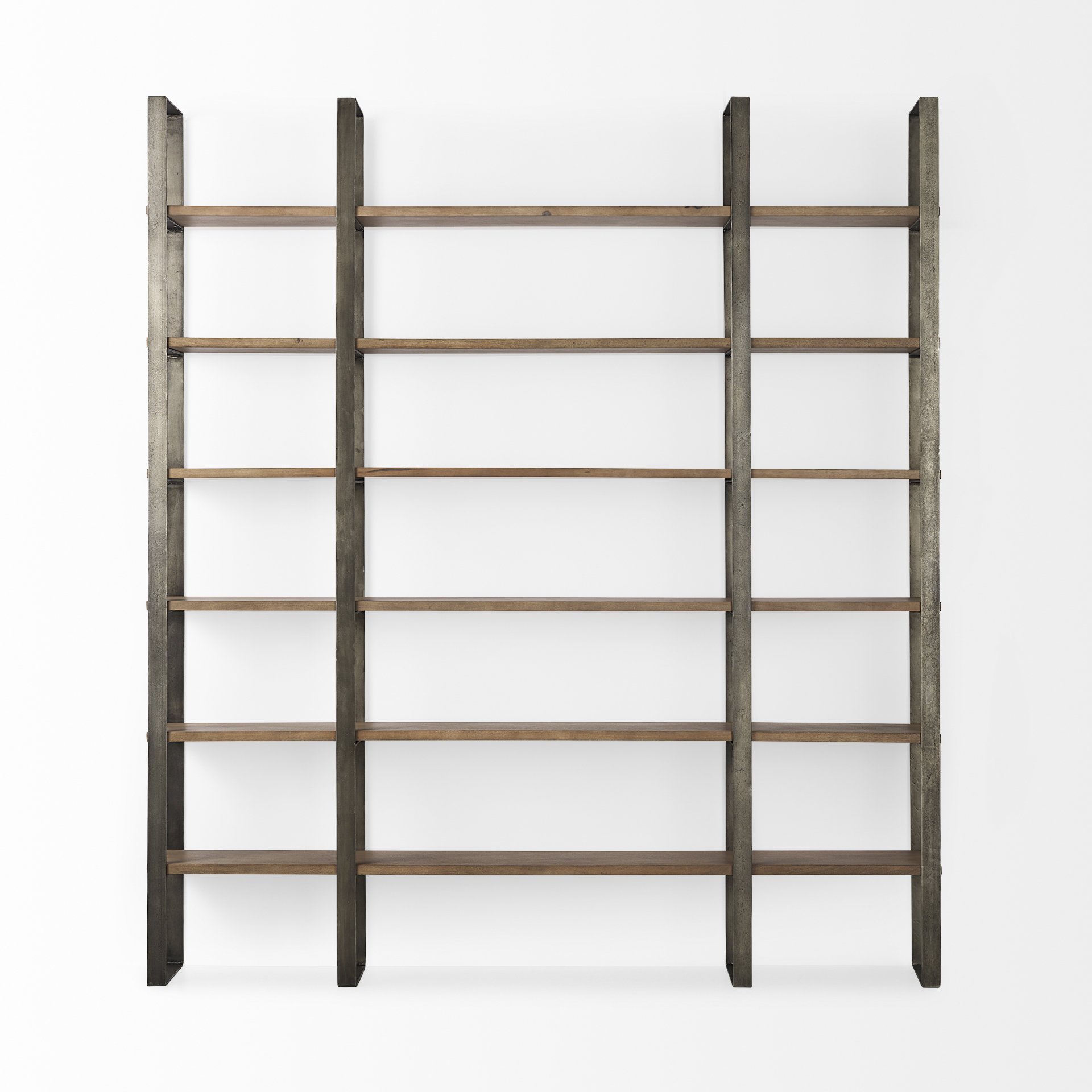 taunton 80l x 10.5w x 90h medium brown wood w/ antique nickel metal frame 6 tier shelving unit