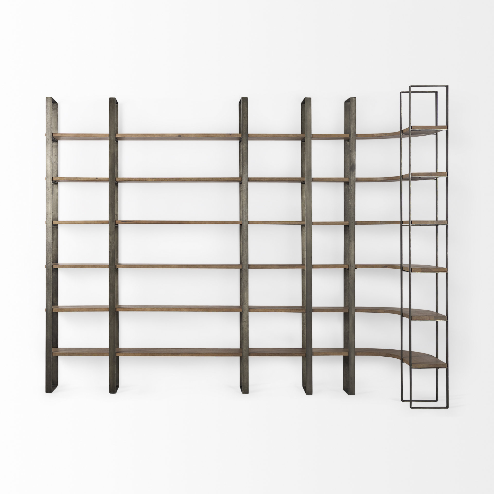 taunton 80l x 10.5w x 90h medium brown wood w/ antique nickel metal frame 6 tier shelving unit