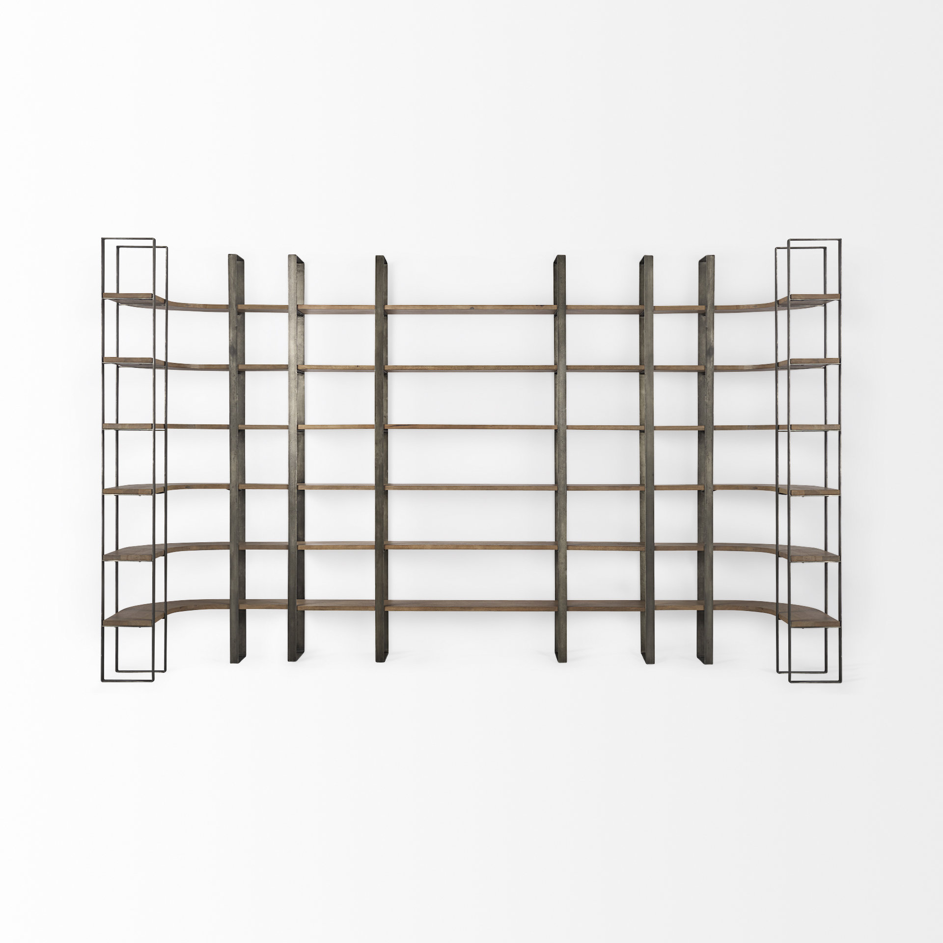 taunton 80l x 10.5w x 90h medium brown wood w/ antique nickel metal frame 6 tier shelving unit