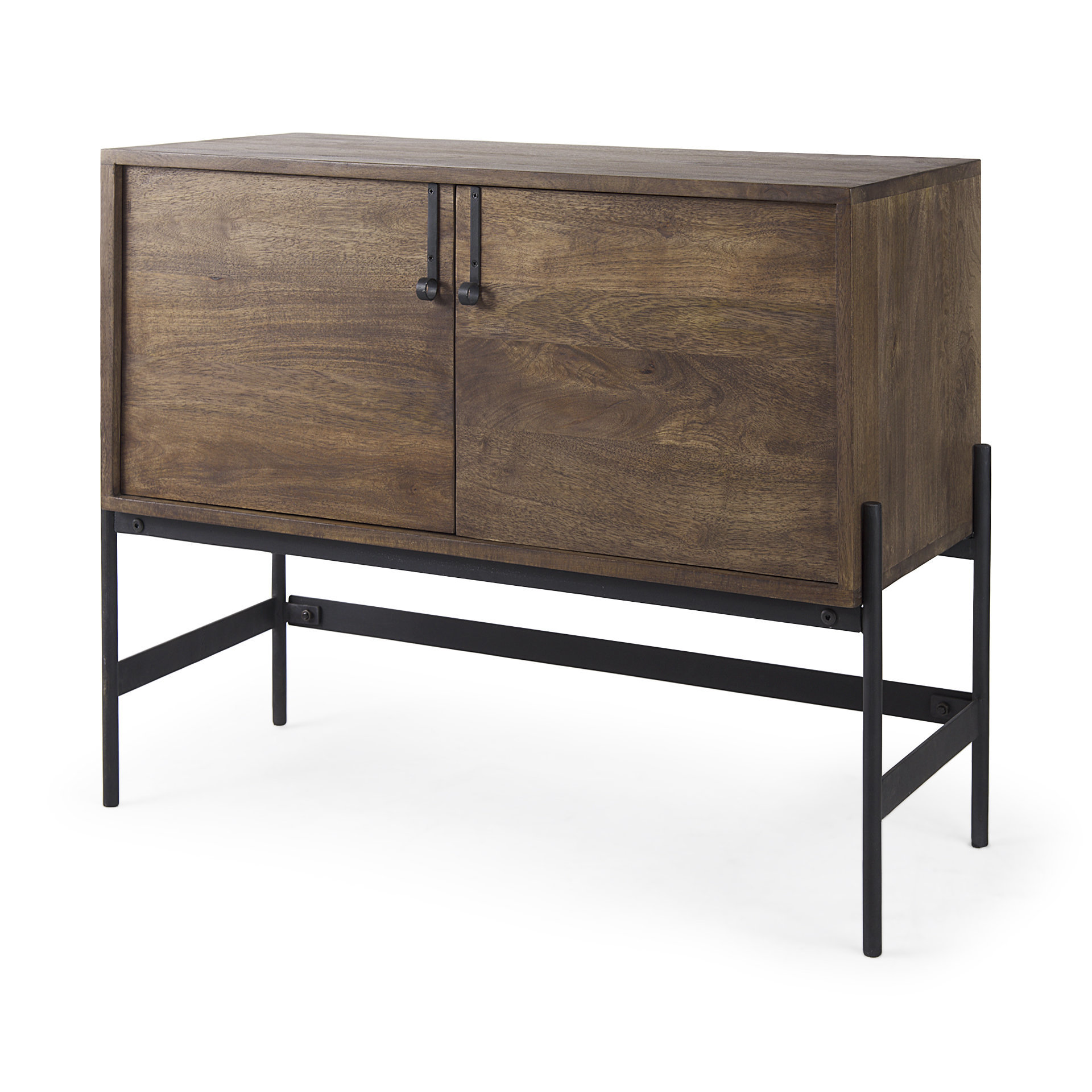 glenn 38l x 16w x 30h dark brown wood w/ black iron frame, 2 door accent cabinet