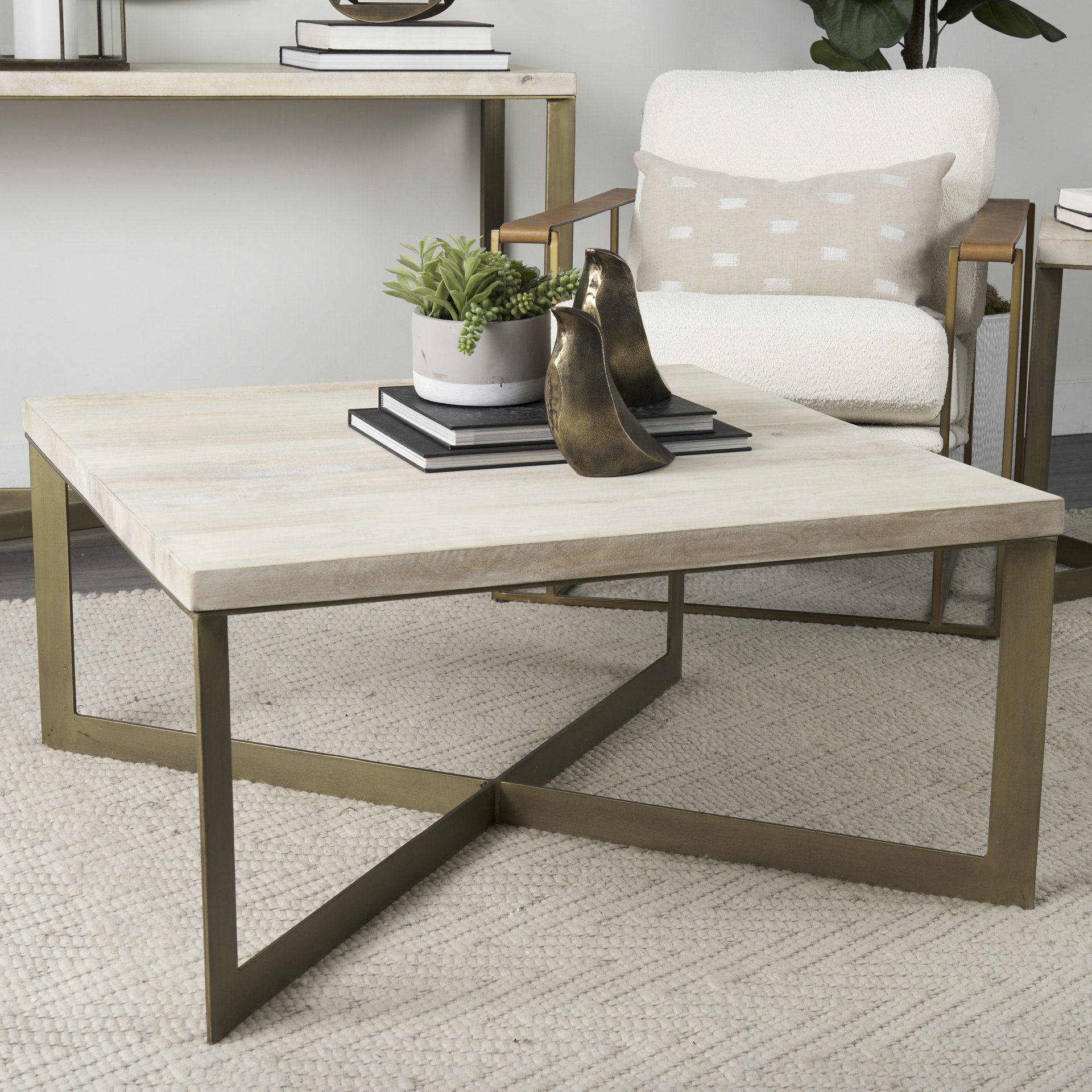 faye 34l x 34w x 17h beige finished wood w/gold metal base square coffee table