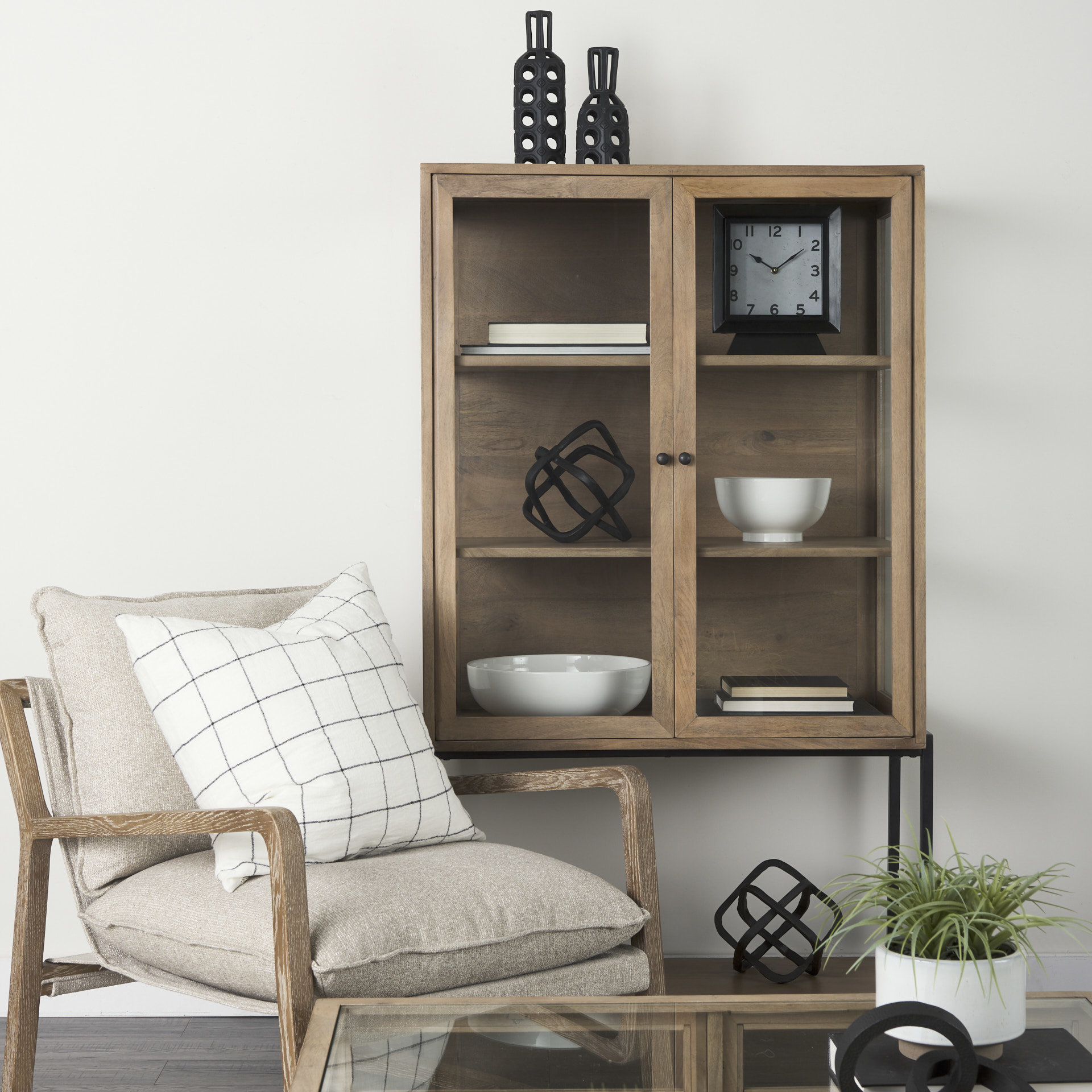 arelius 36l x 18w x 63h light brown wood w/ black metal base display cabinet