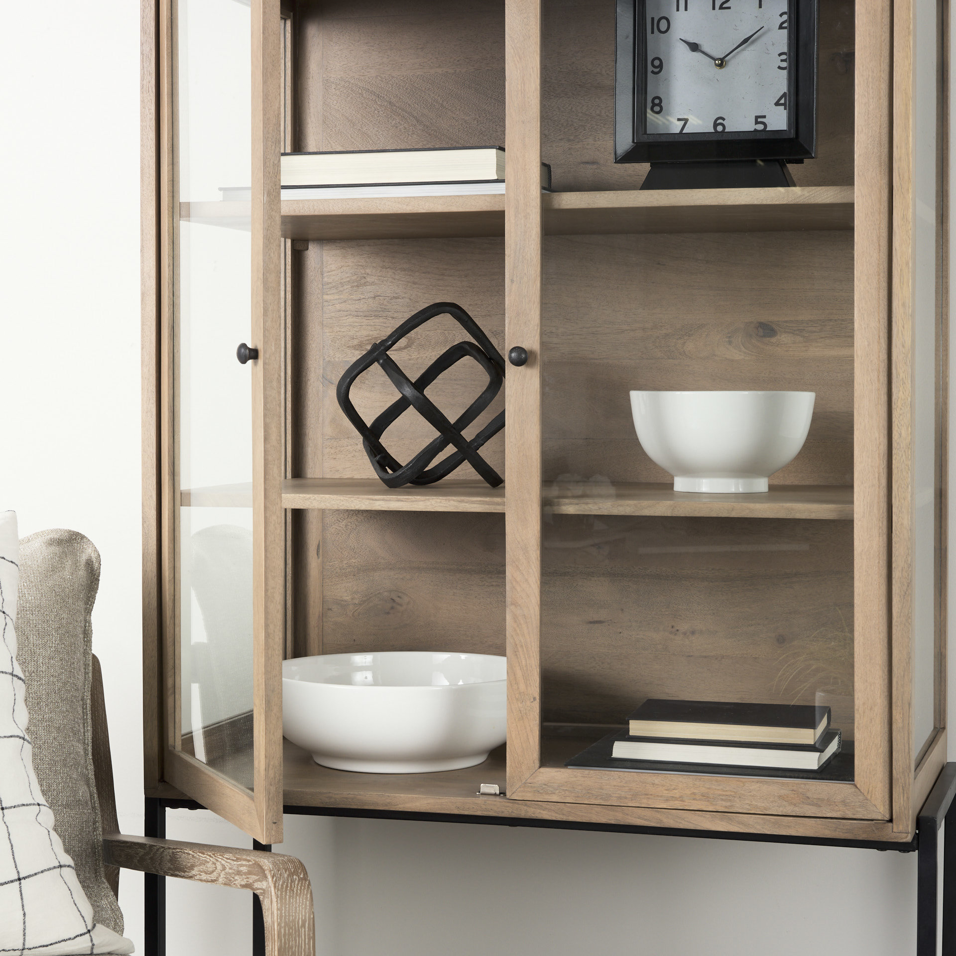 arelius 36l x 18w x 63h light brown wood w/ black metal base display cabinet