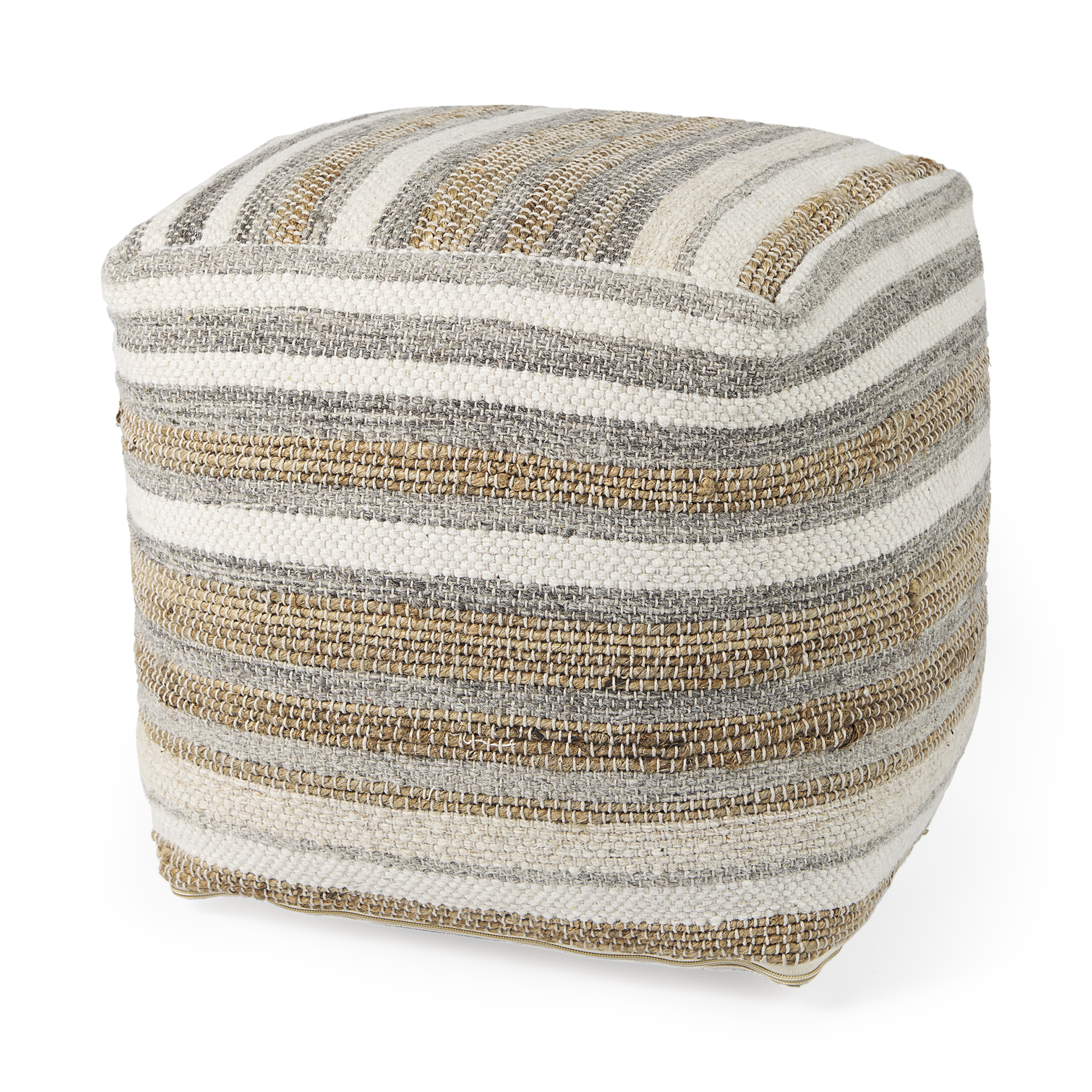 aahana 16.0l x 16.0w x 16.0h white/taupe/gray striped hemp and cotton pouf