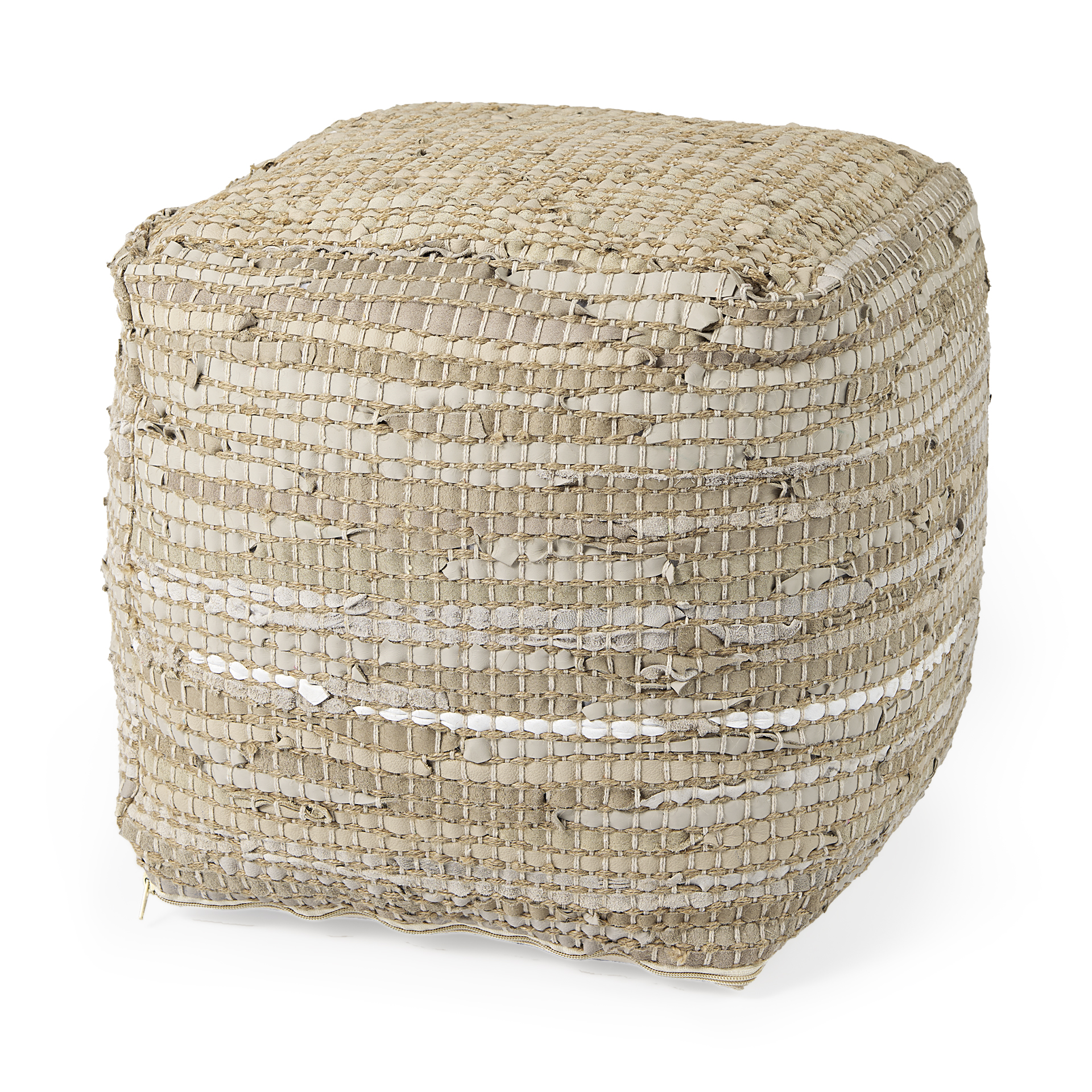 aalia 16.0l x 16.0w x 16.0h beige leather and jute pouf