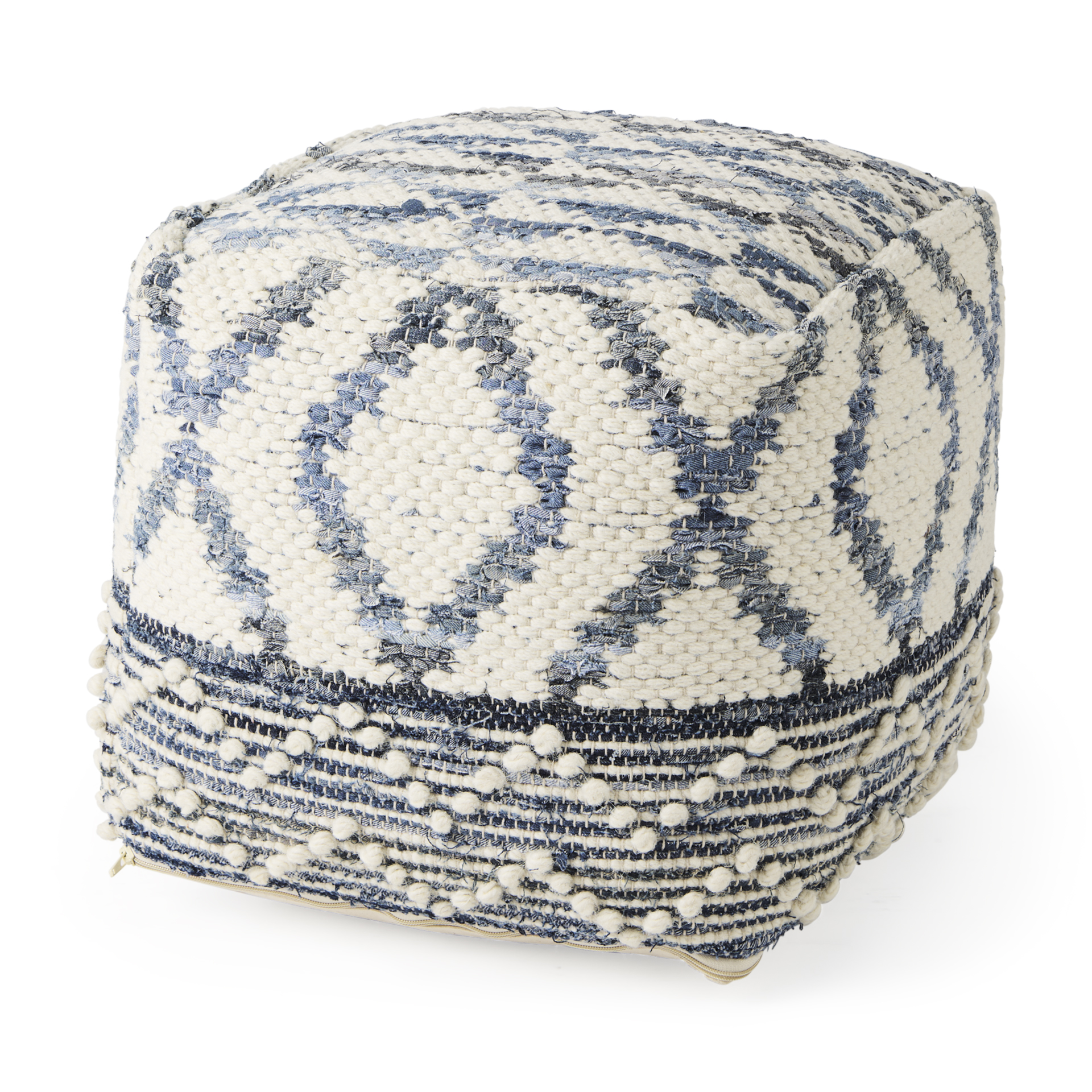 eshana 16.0l x 16.0w x 16.0h cream wool and denim patterned pouf