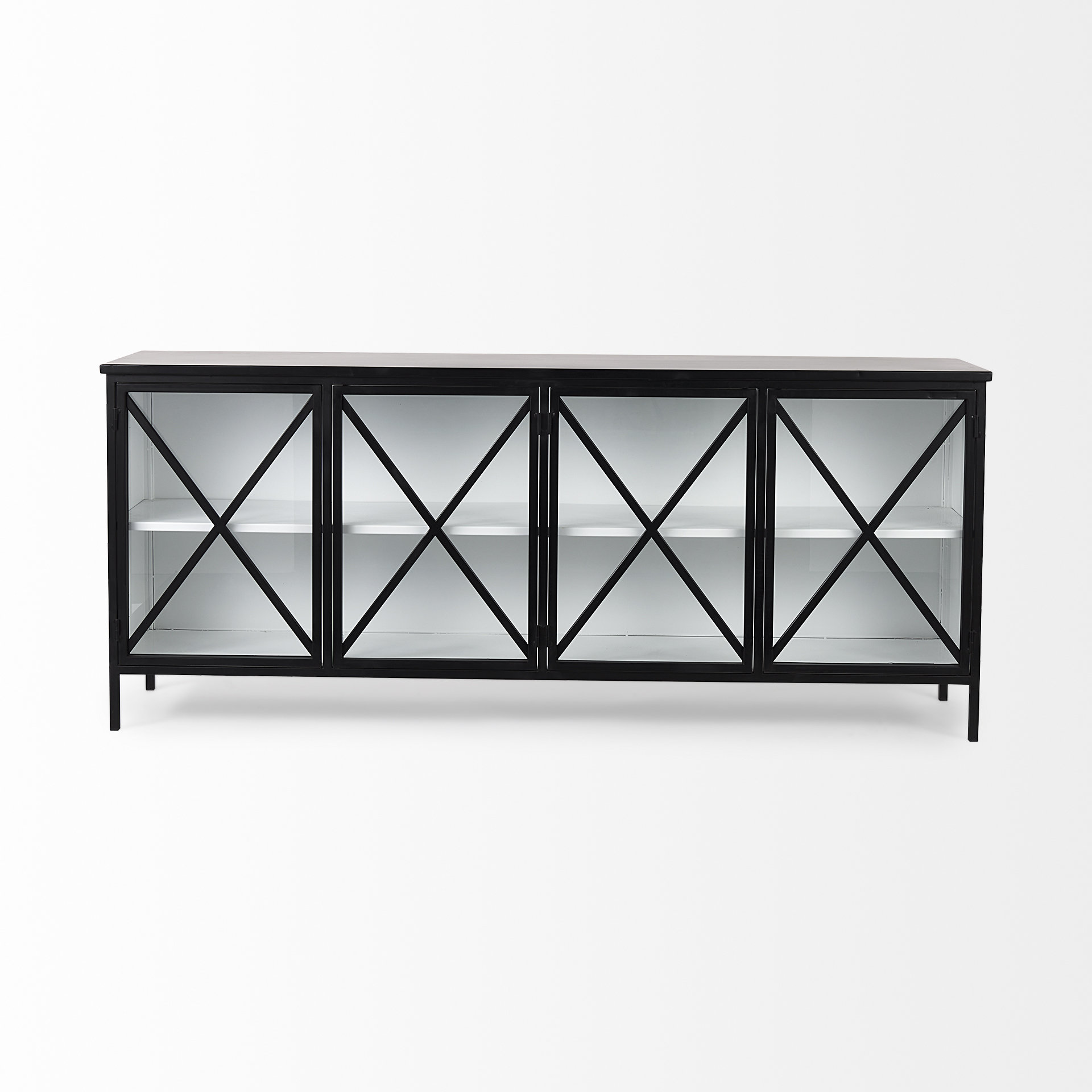 aurelia 79.0l x 16.0w x 33.0h black and white metal four door glass cabinet