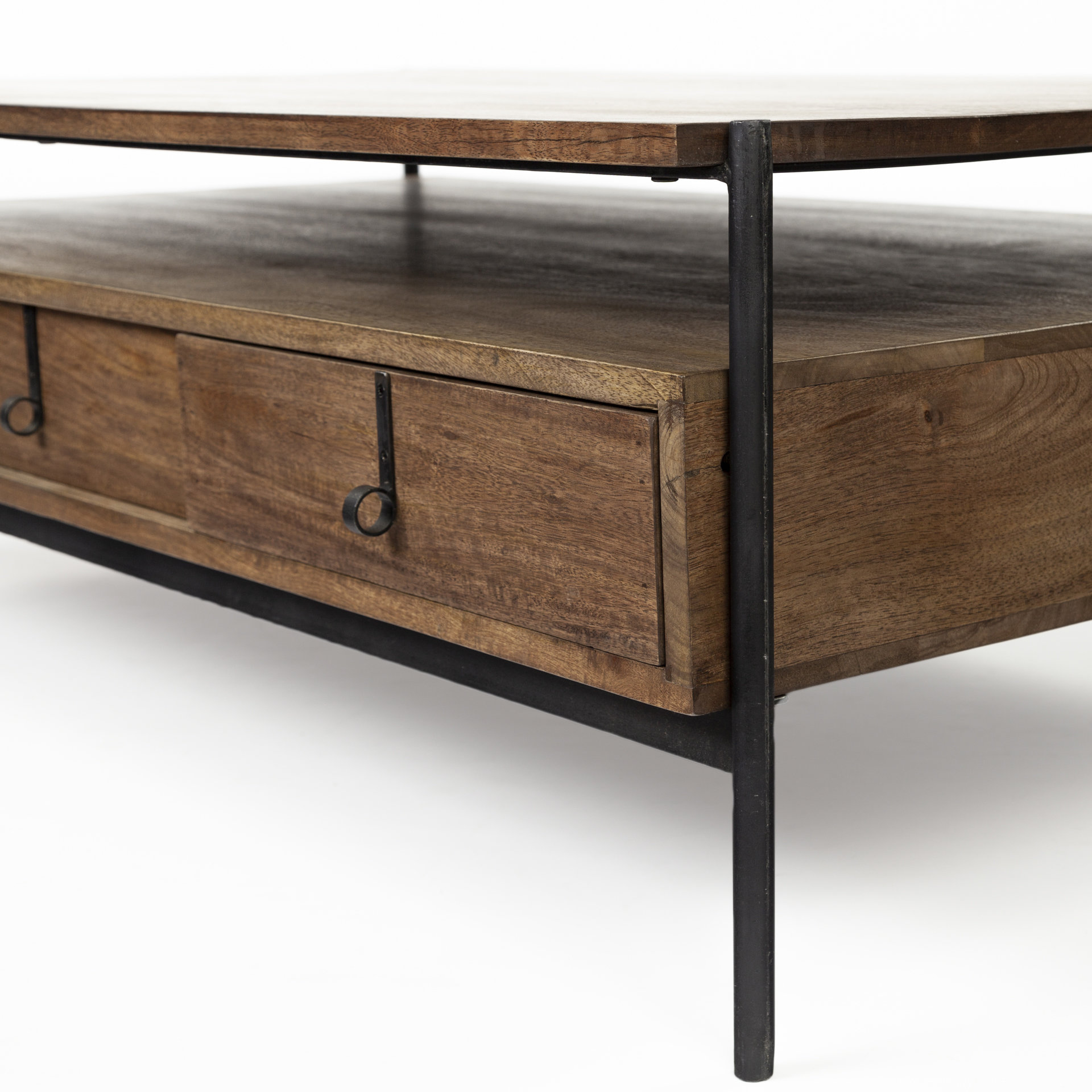 glenn ii 54x30 dark brown wood w/ black iron frame, rectangle 3 drawers coffee table