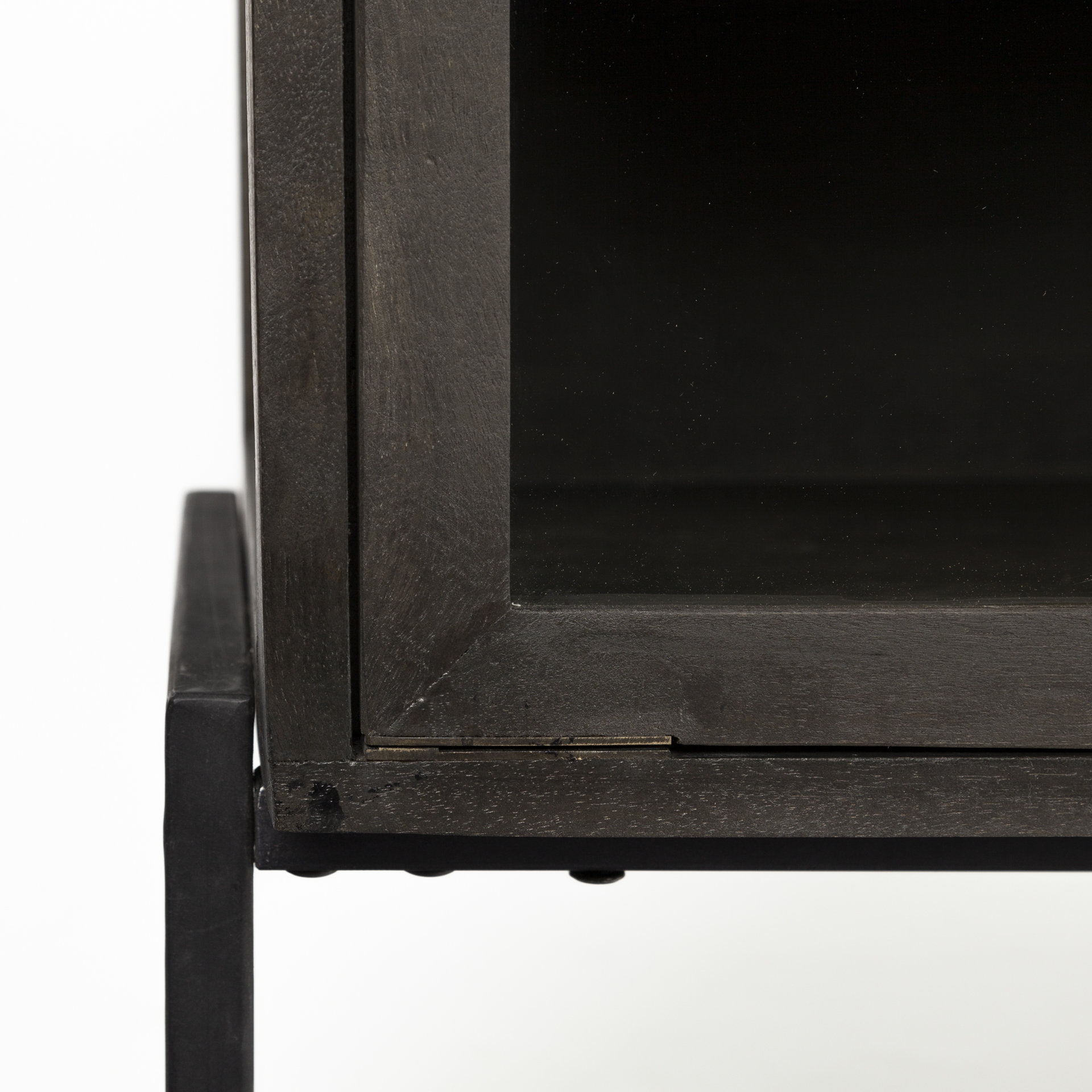 arelius 36l x 18w black-brown wood, black metal base w/ 2 glass doors accent cabinet
