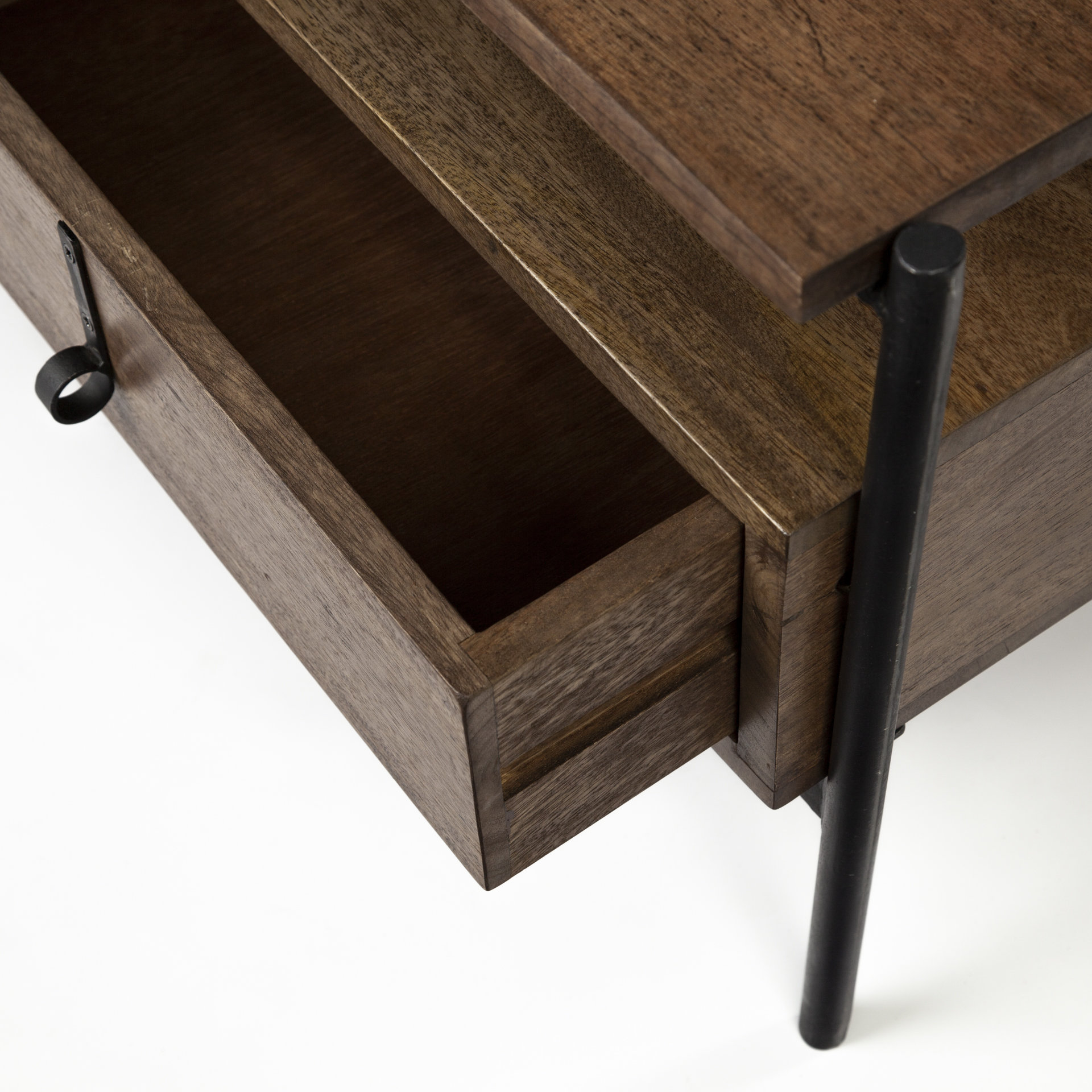 glenn ii 54x30 dark brown wood w/ black iron frame, rectangle 3 drawers coffee table