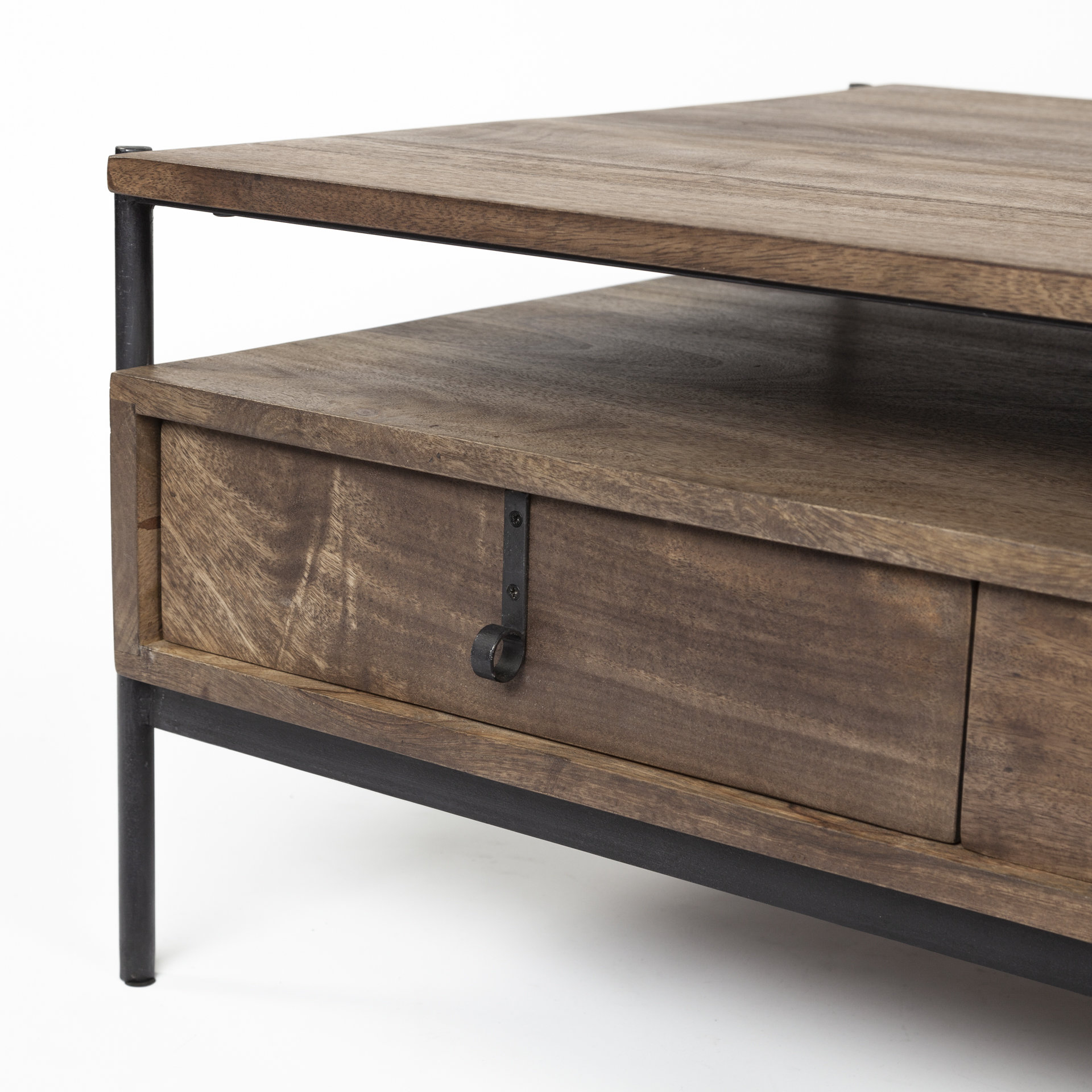 glenn ii 54x30 dark brown wood w/ black iron frame, rectangle 3 drawers coffee table