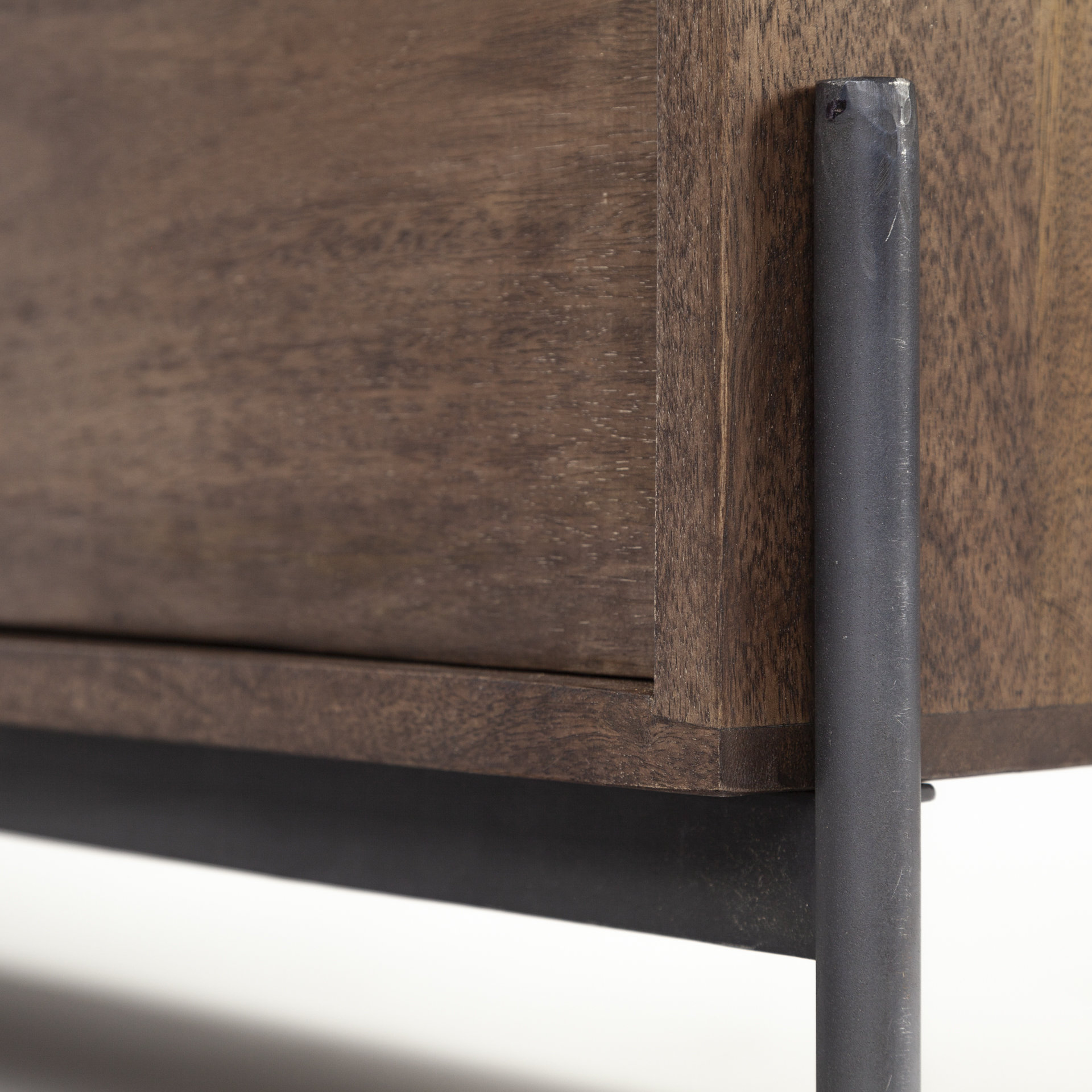 glenn iv dark brown wood w/ black iron frame media console w/ storage, tv stand for tv up to 71