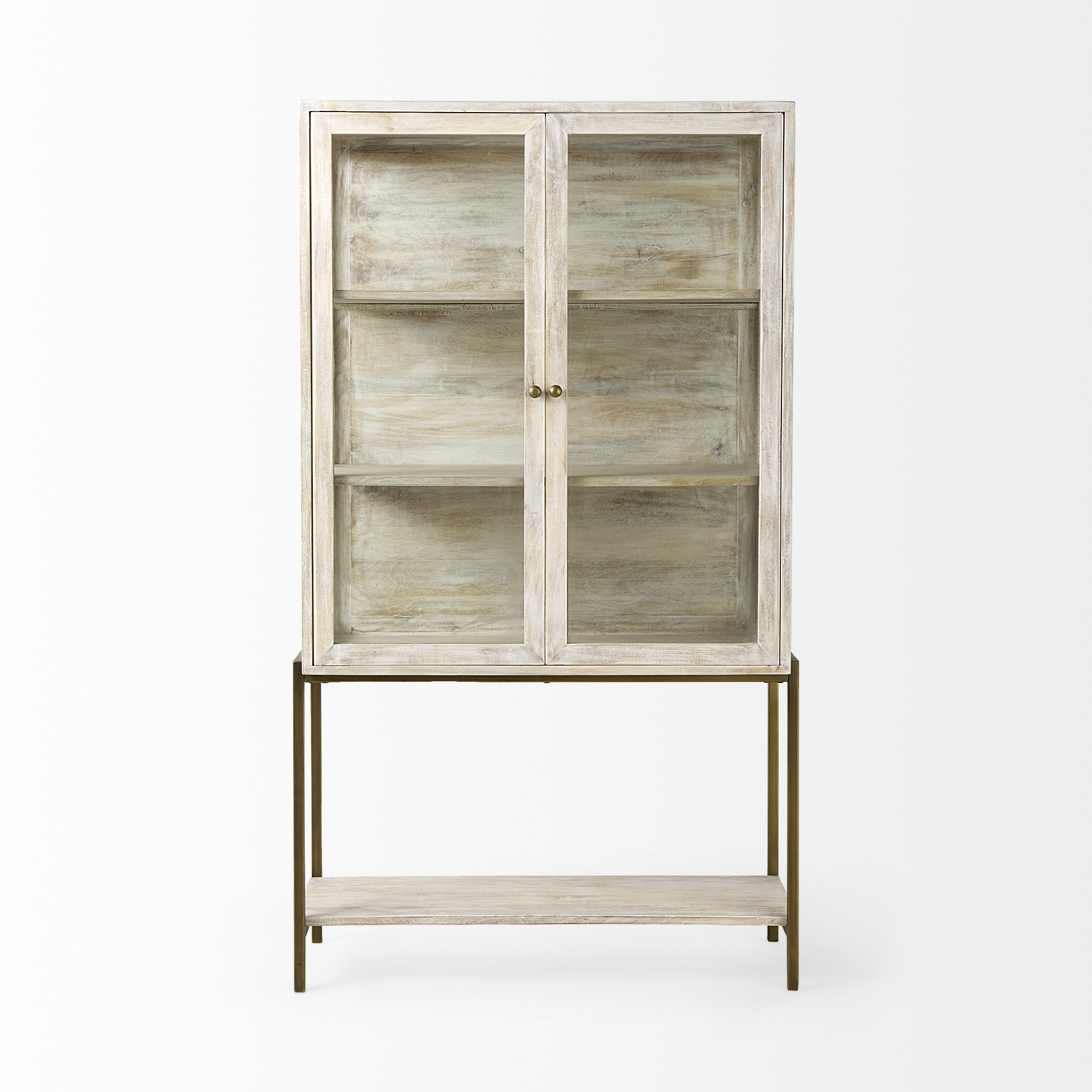arelius 36l x 18.75w x 63h white wood w/ gold metal base display cabinet