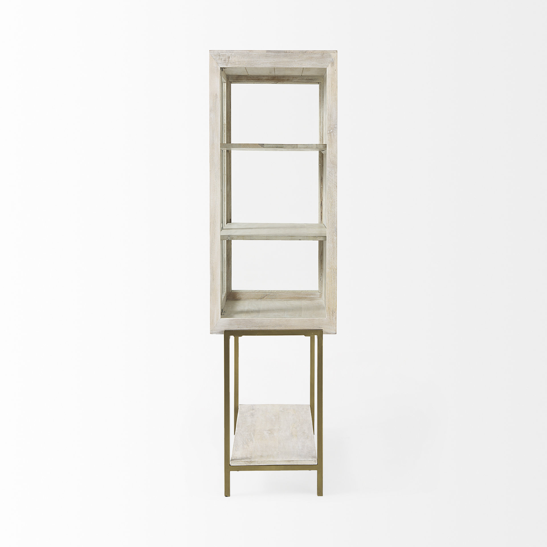 arelius 36l x 18.75w x 63h white wood w/ gold metal base display cabinet