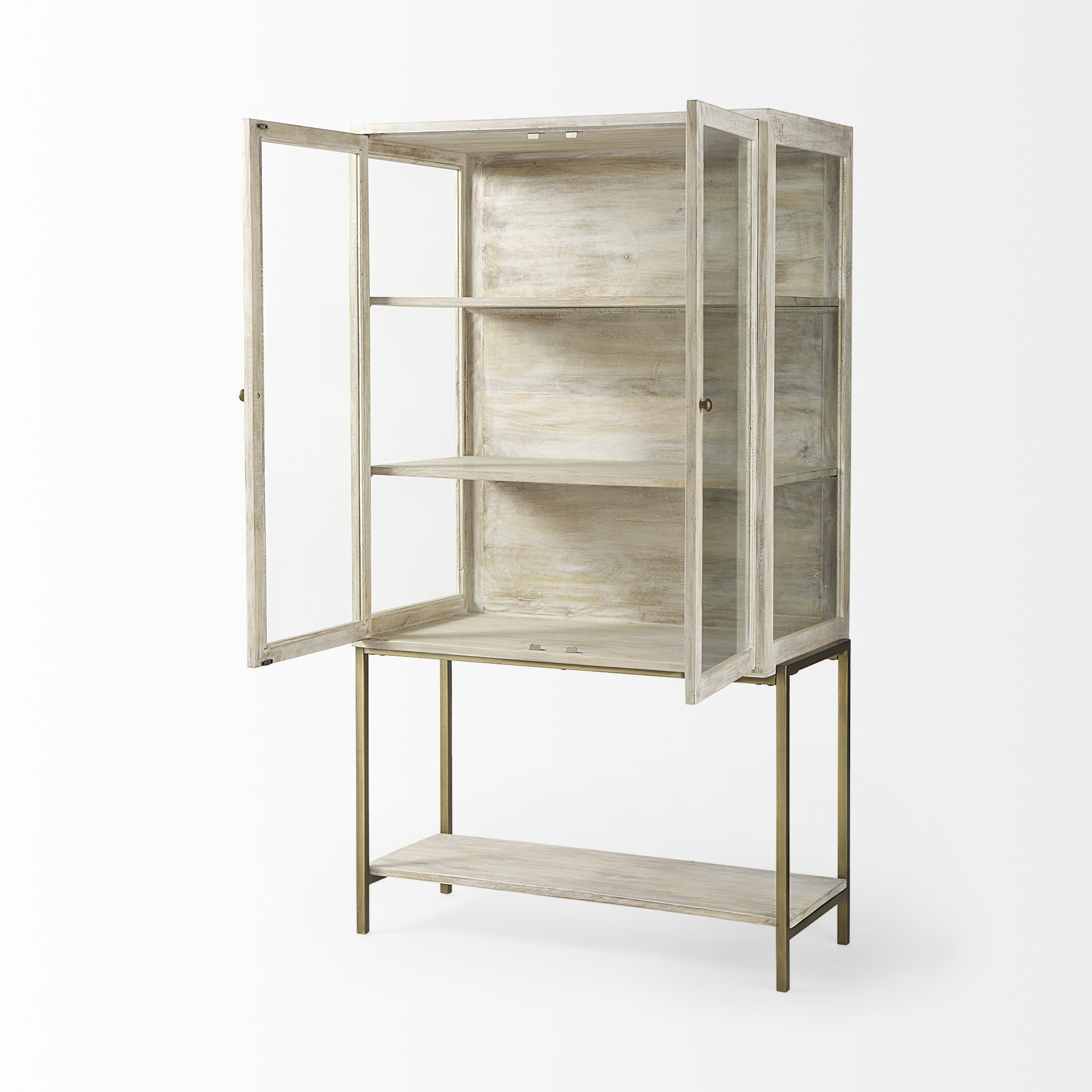 arelius 36l x 18.75w x 63h white wood w/ gold metal base display cabinet