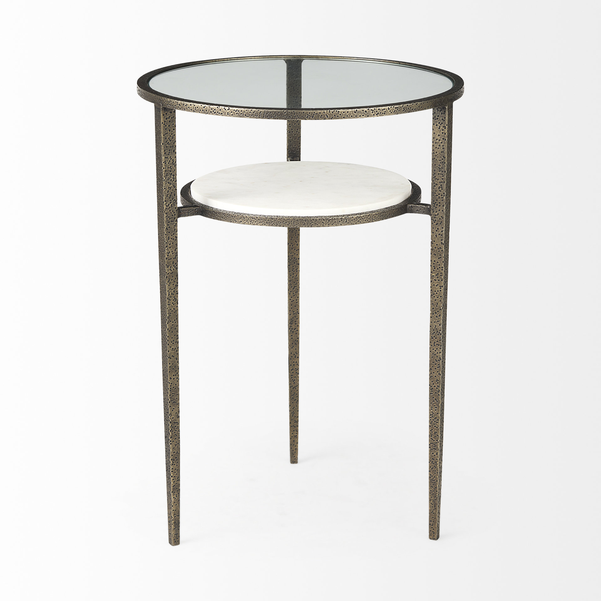 felicity 15.8l x 15.8w x 22.5h glass top w/ white marble shelf and antique gold base end/side table