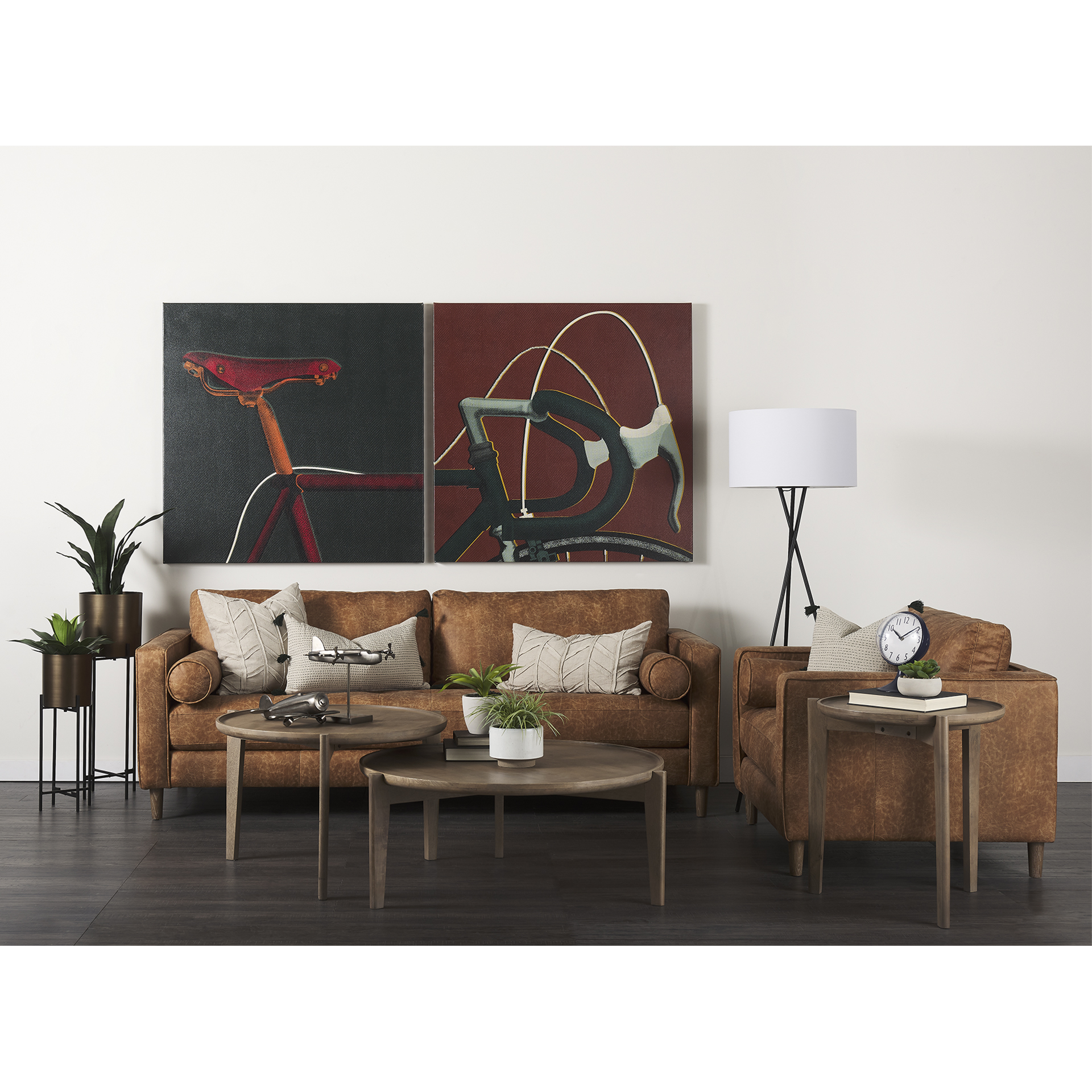 loretta 88.0l x 36.2w x 33.9h cognac brown faux leather three seater sofa with two bolster cushions