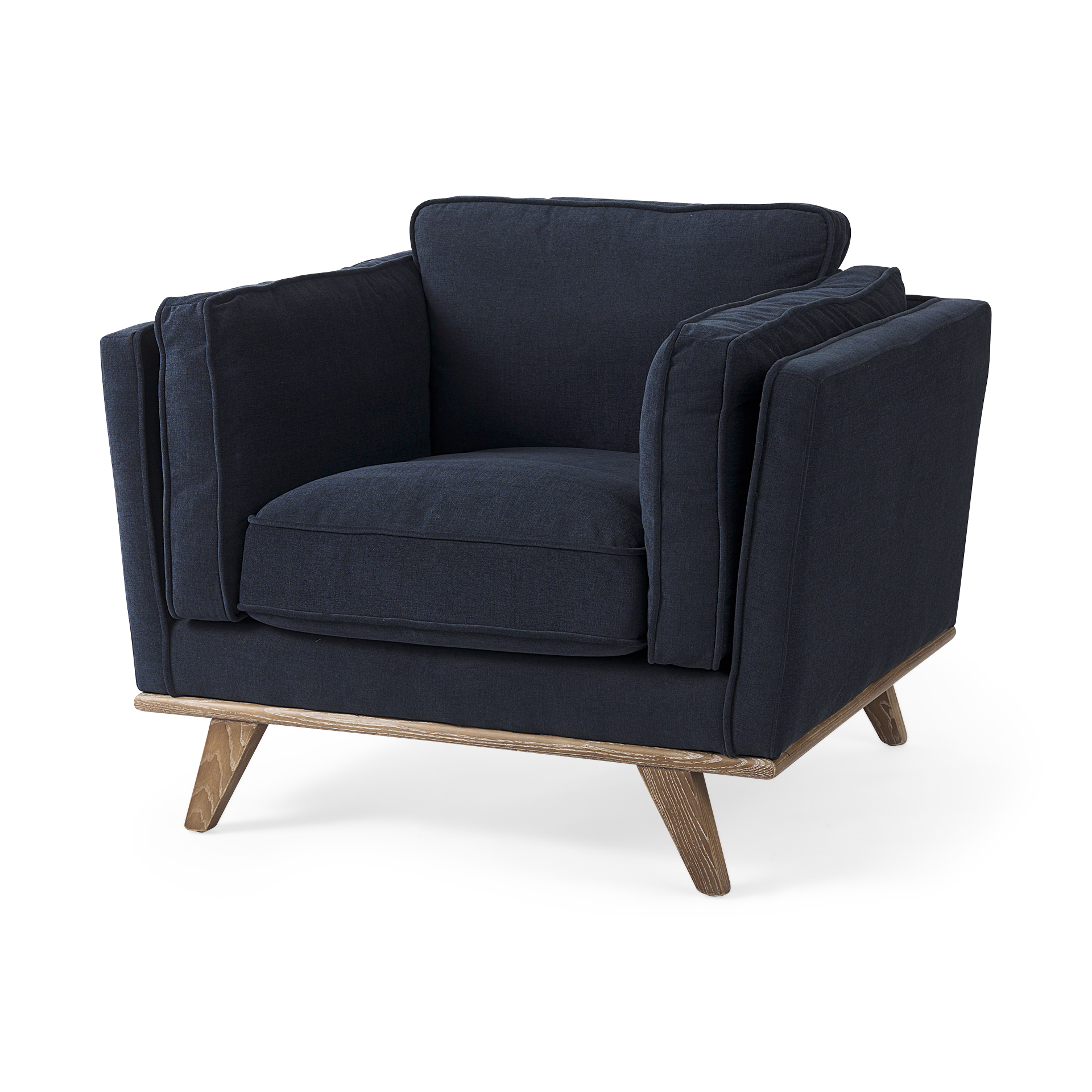 brooks 41.7l x 34.8w x 33.5h navy blue fabric chair w/ medium brown wooden legs