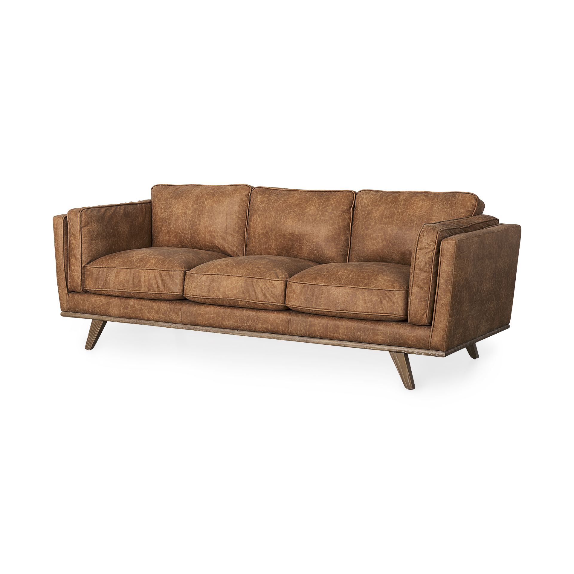 brooks 90.2l x 34.8w x 33.5h cognac brown faux leather three seater sofa w/ medium brown wooden legs