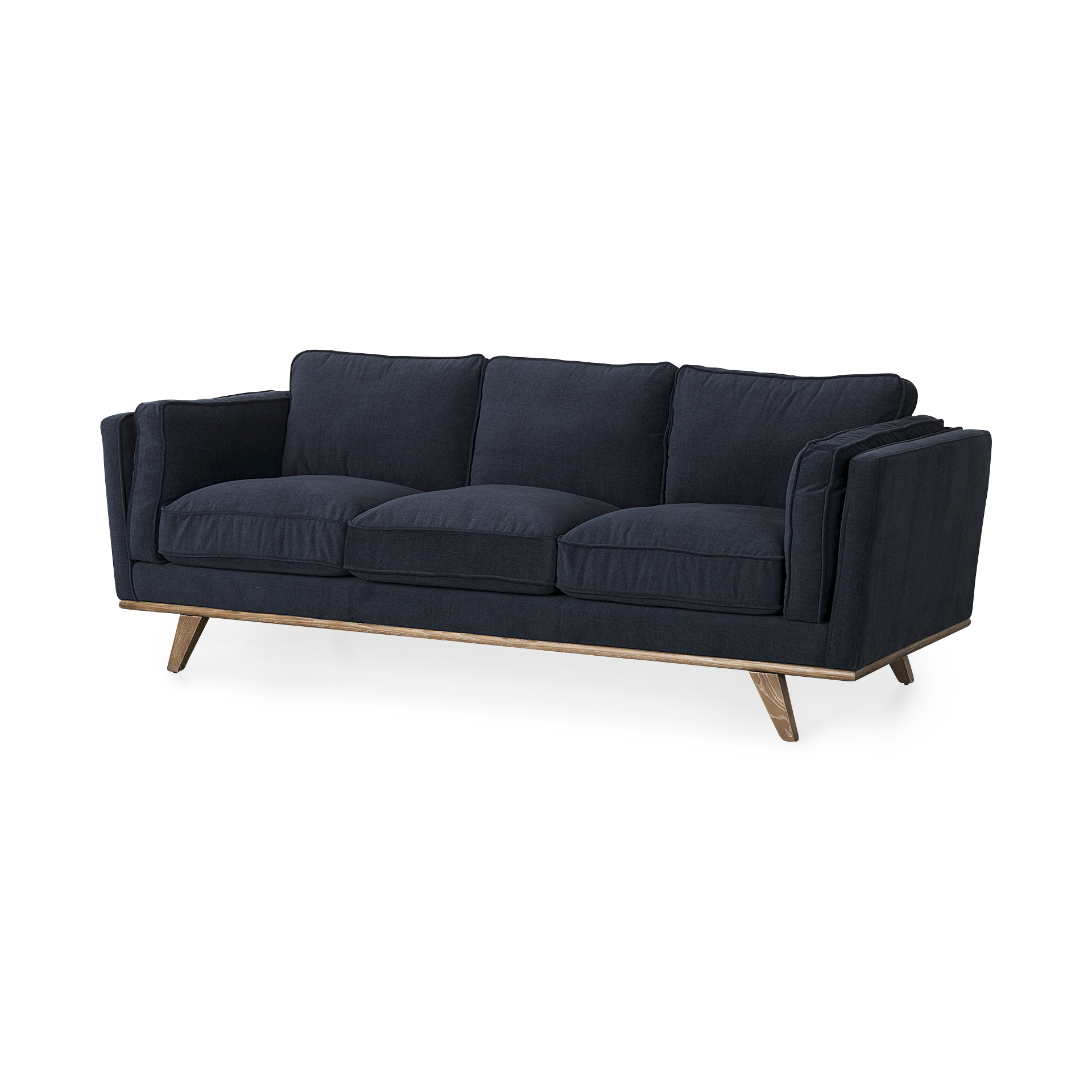 brooks 90.2l x 34.8w x 33.5h navy blue fabric three seater sofa w/ medium brown wooden legs