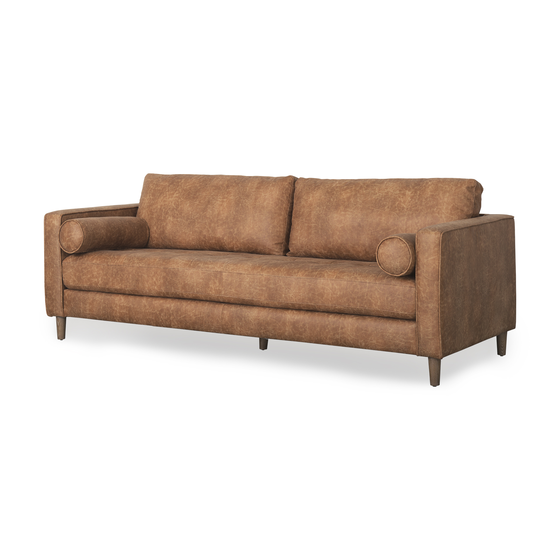 loretta 88.0l x 36.2w x 33.9h cognac brown faux leather three seater sofa with two bolster cushions