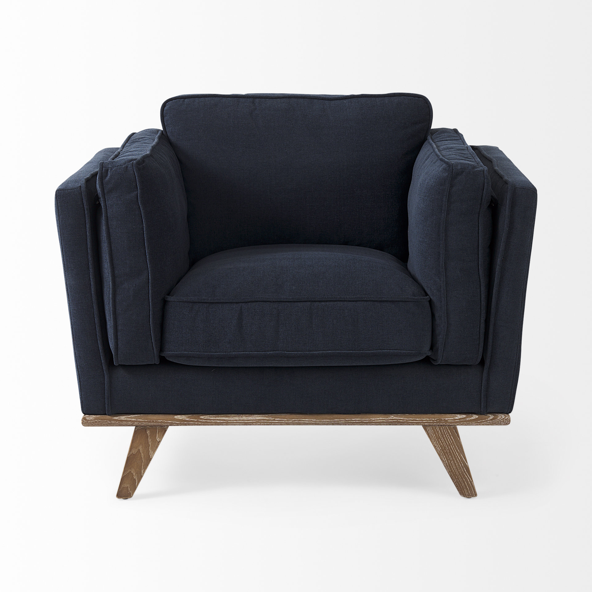 brooks 41.7l x 34.8w x 33.5h navy blue fabric chair w/ medium brown wooden legs