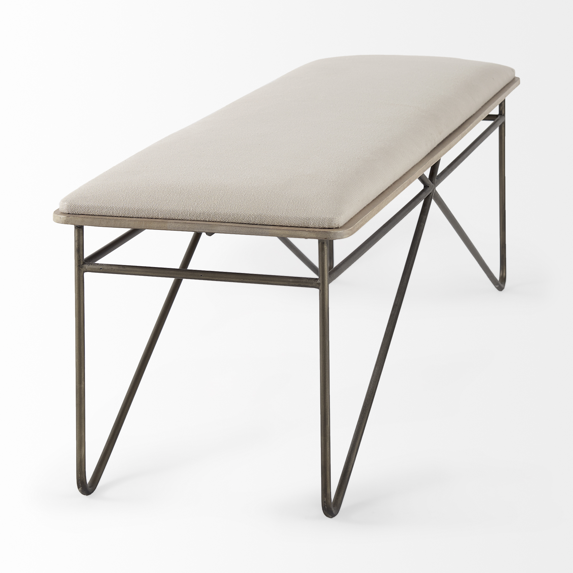 camille 55.5l x 16.0w x 17.0h cream fabric seat w/ metal frame bench