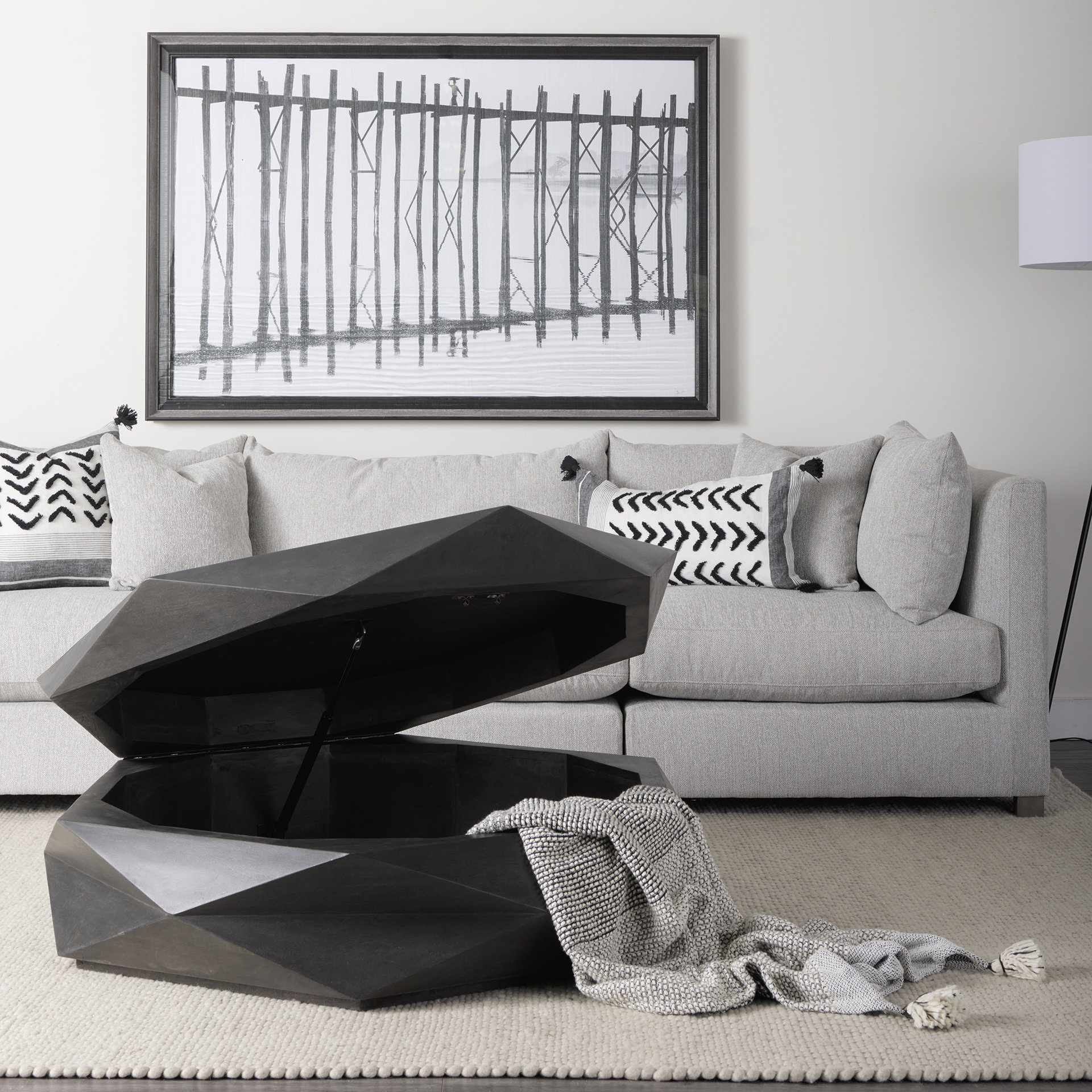 arreto black solid wood hexagonal storage coffee table
