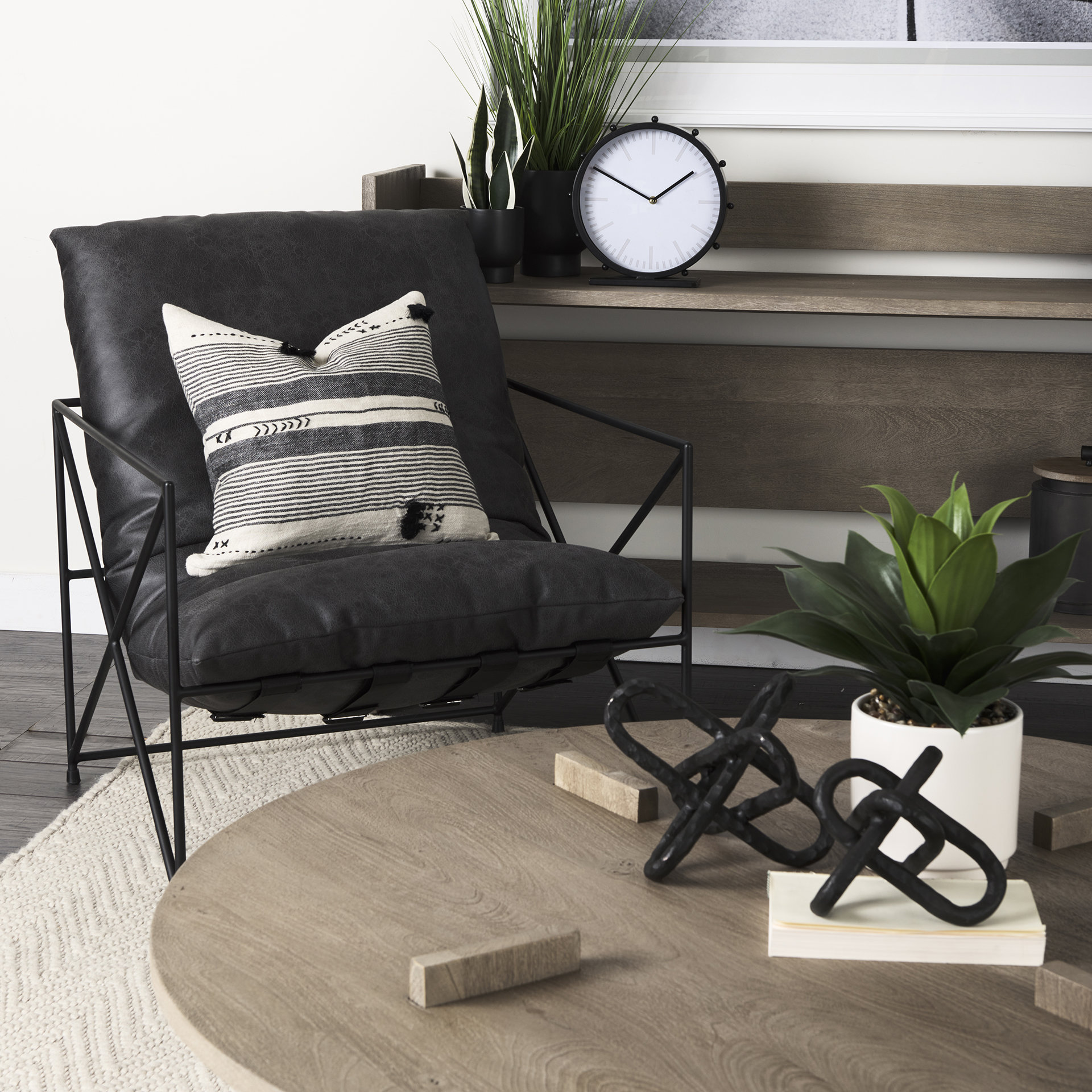 leonidas 28.5l x 29.5w x 34.0h black faux leather seat w/ black metal frame accent chair