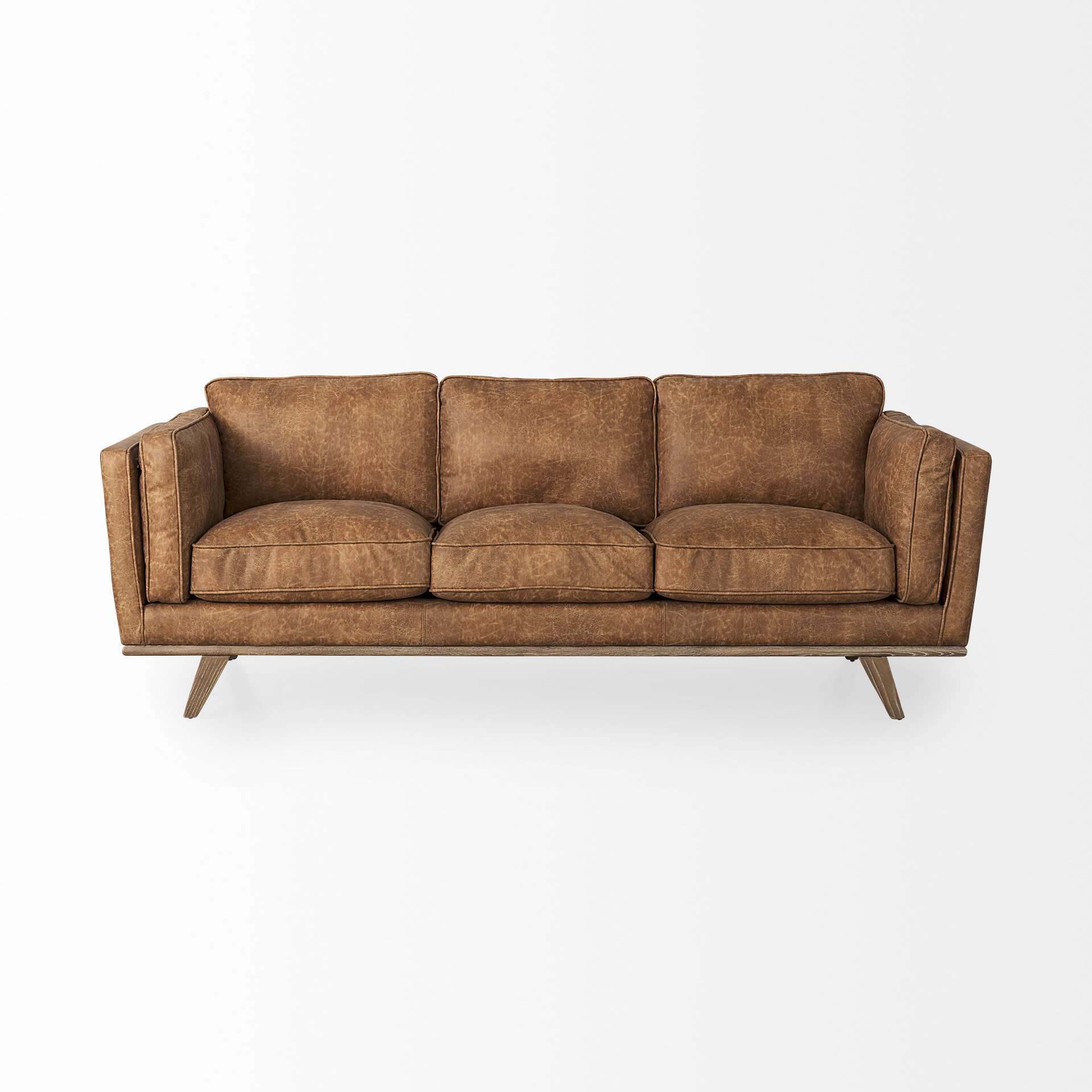 brooks 90.2l x 34.8w x 33.5h cognac brown faux leather three seater sofa w/ medium brown wooden legs
