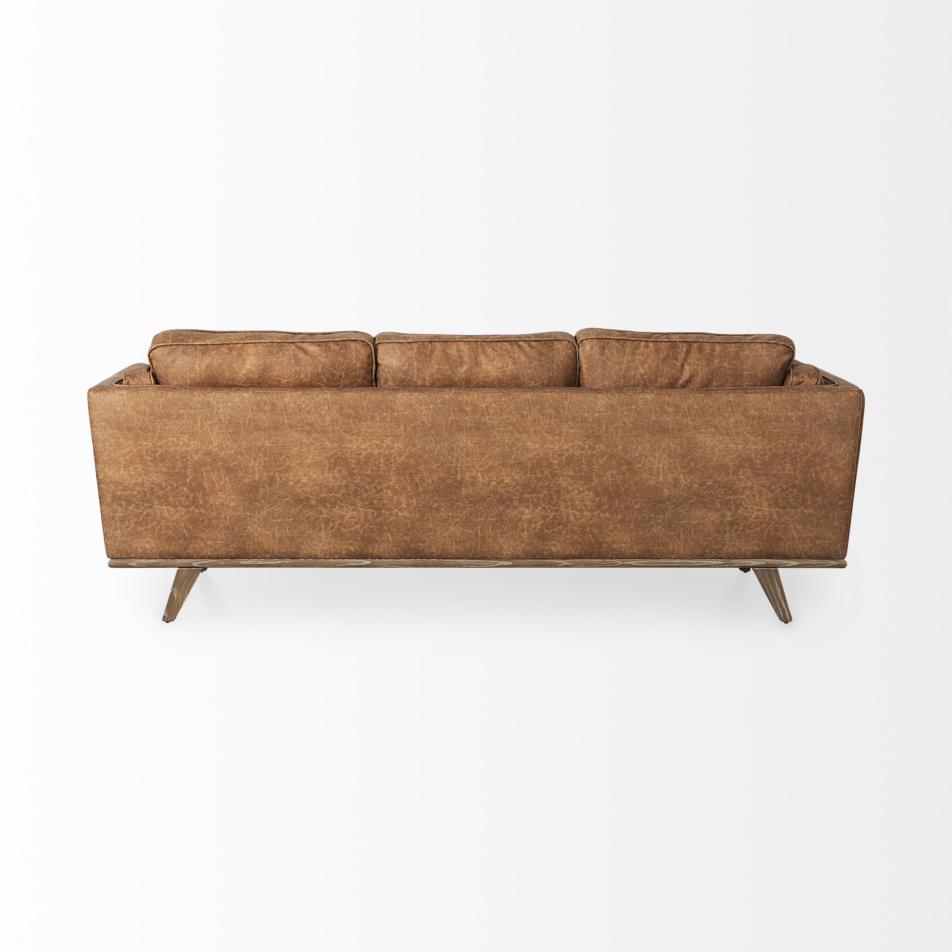 brooks 90.2l x 34.8w x 33.5h cognac brown faux leather three seater sofa w/ medium brown wooden legs