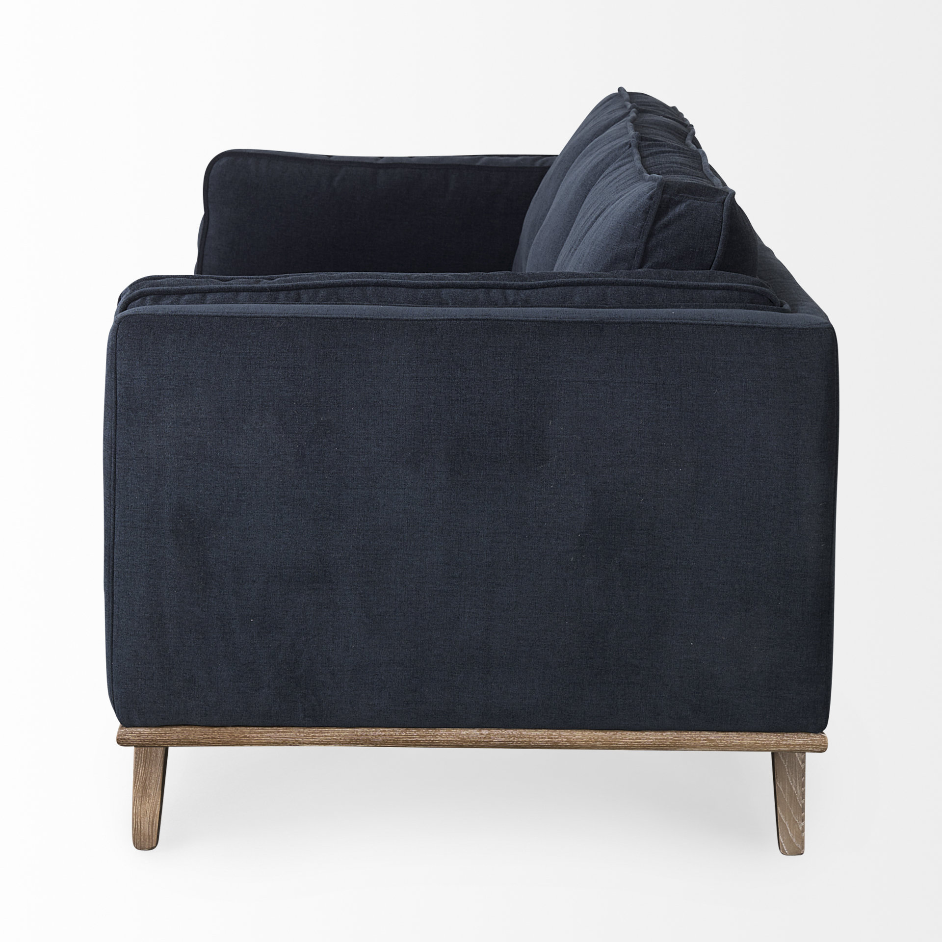 brooks 90.2l x 34.8w x 33.5h navy blue fabric three seater sofa w/ medium brown wooden legs