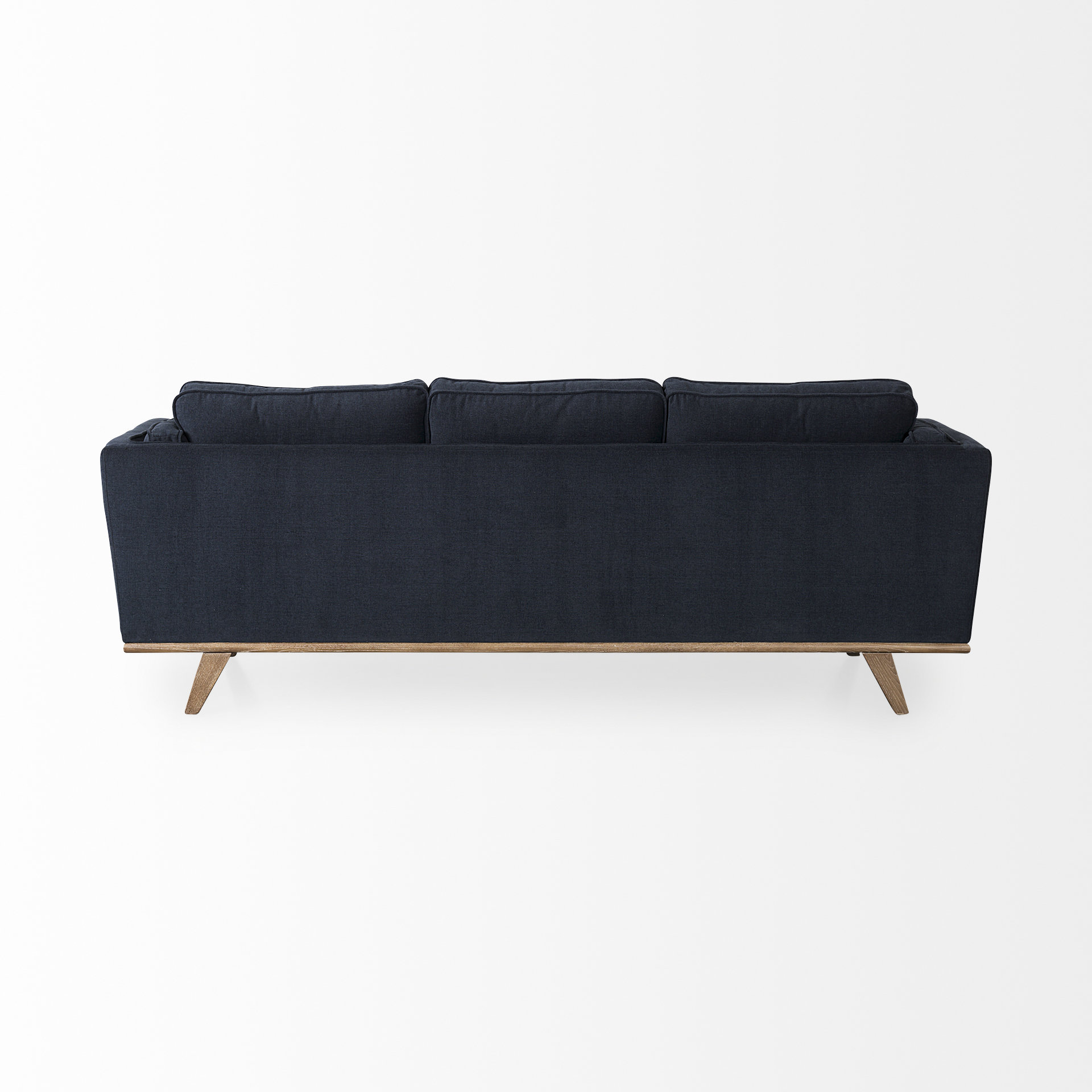 brooks 90.2l x 34.8w x 33.5h navy blue fabric three seater sofa w/ medium brown wooden legs