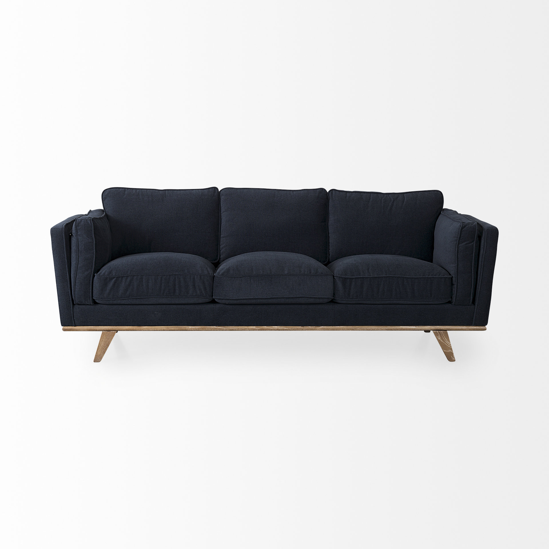 brooks 90.2l x 34.8w x 33.5h navy blue fabric three seater sofa w/ medium brown wooden legs