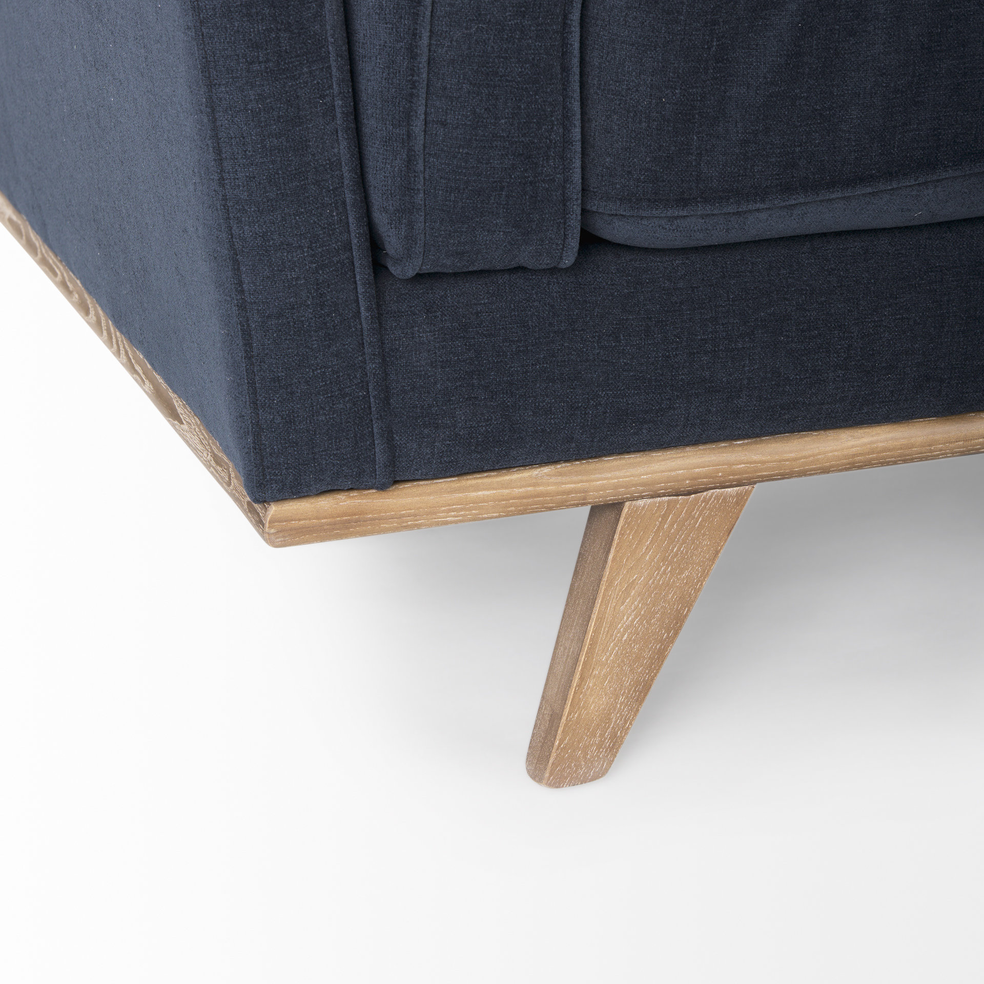 brooks 90.2l x 34.8w x 33.5h navy blue fabric three seater sofa w/ medium brown wooden legs