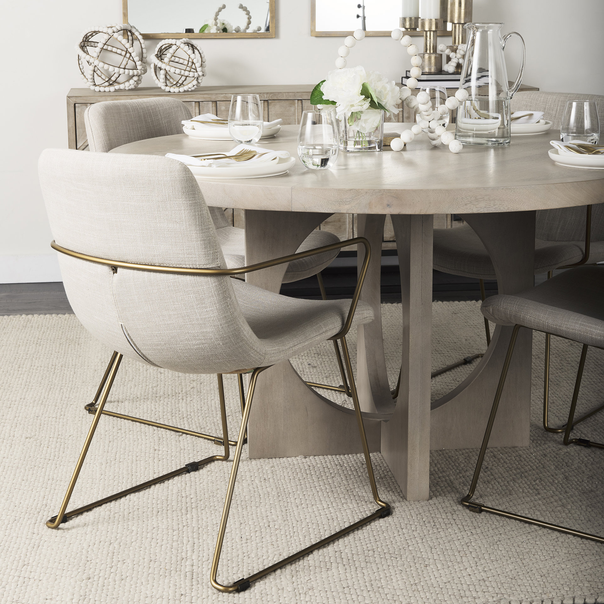 sawyer ii beige fabric wrap gold metal frame dining chair