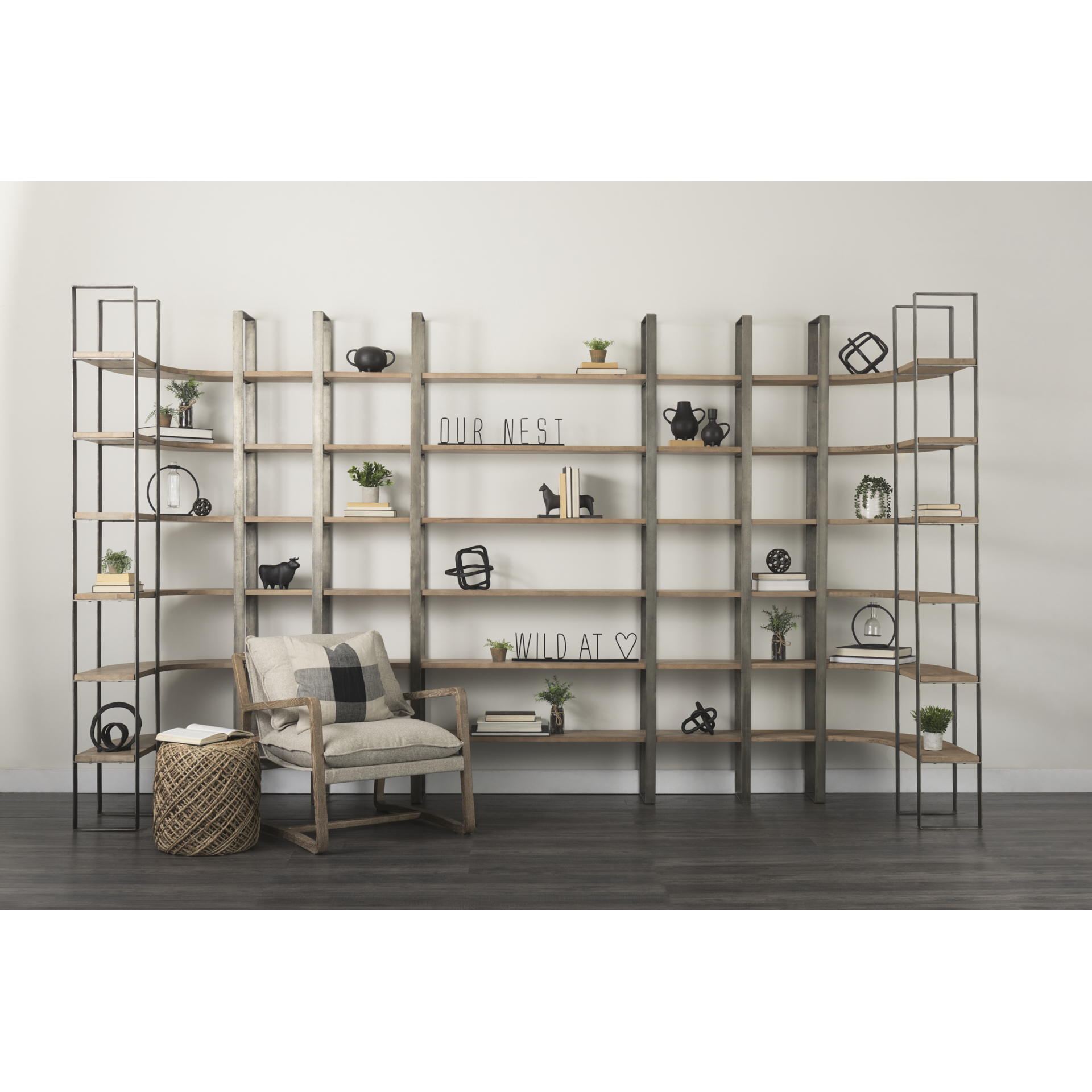 taunton 80l x 10.5w x 90h medium brown wood w/ antique nickel metal frame 6 tier shelving unit