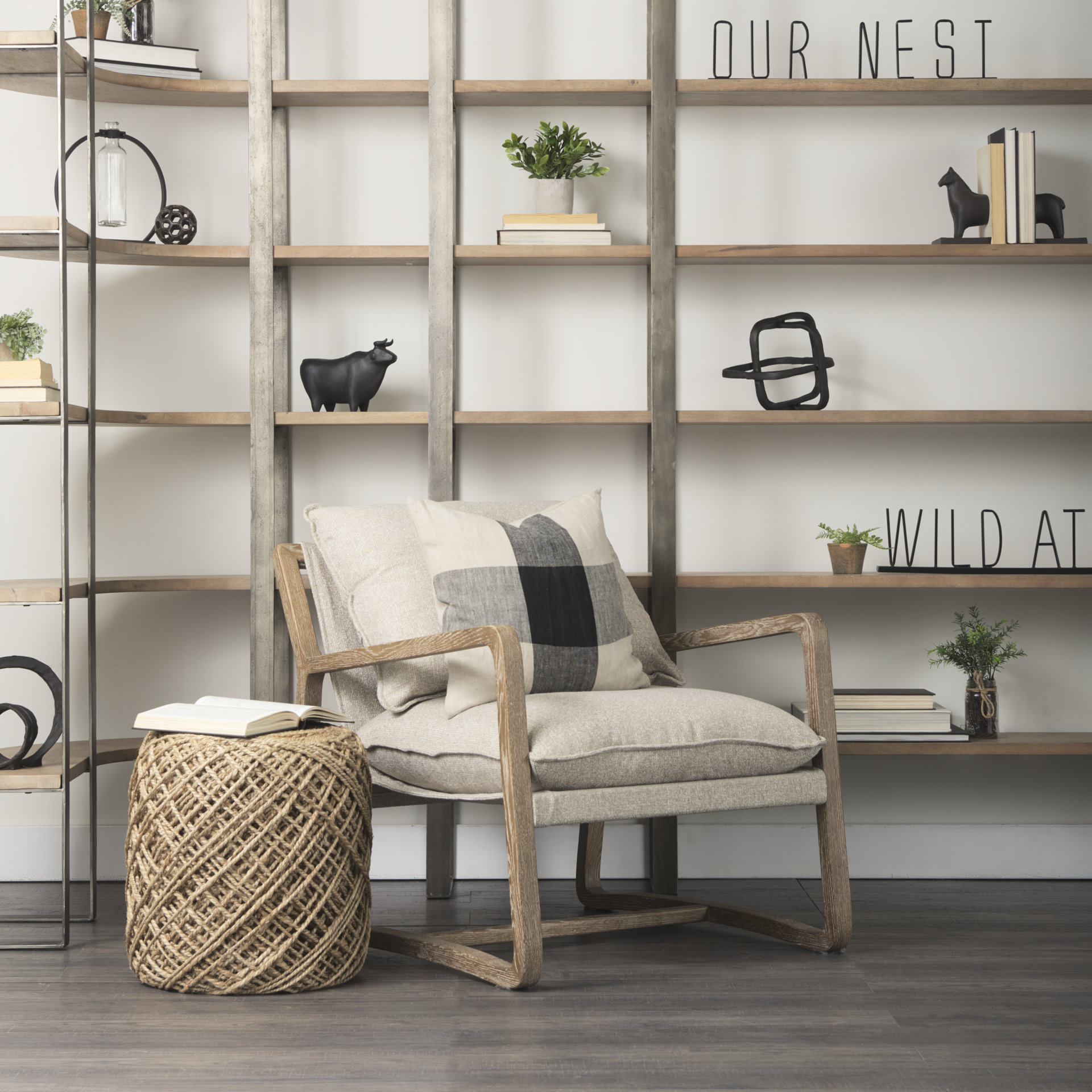 taunton 80l x 10.5w x 90h medium brown wood w/ antique nickel metal frame 6 tier shelving unit