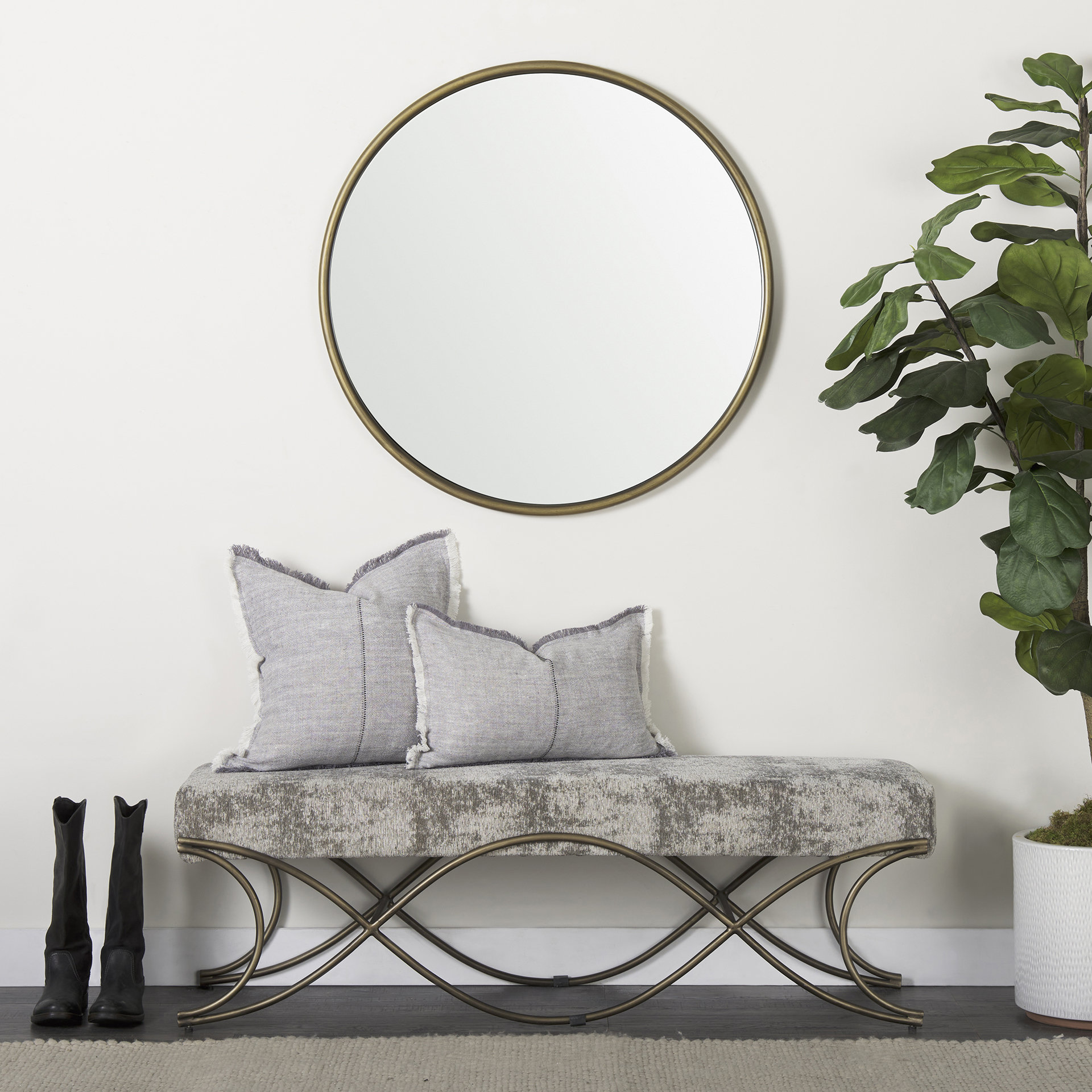 ayla 55l x 17.6w x 18h light and dark gray fabric seat w/ antique gold metal frame bench