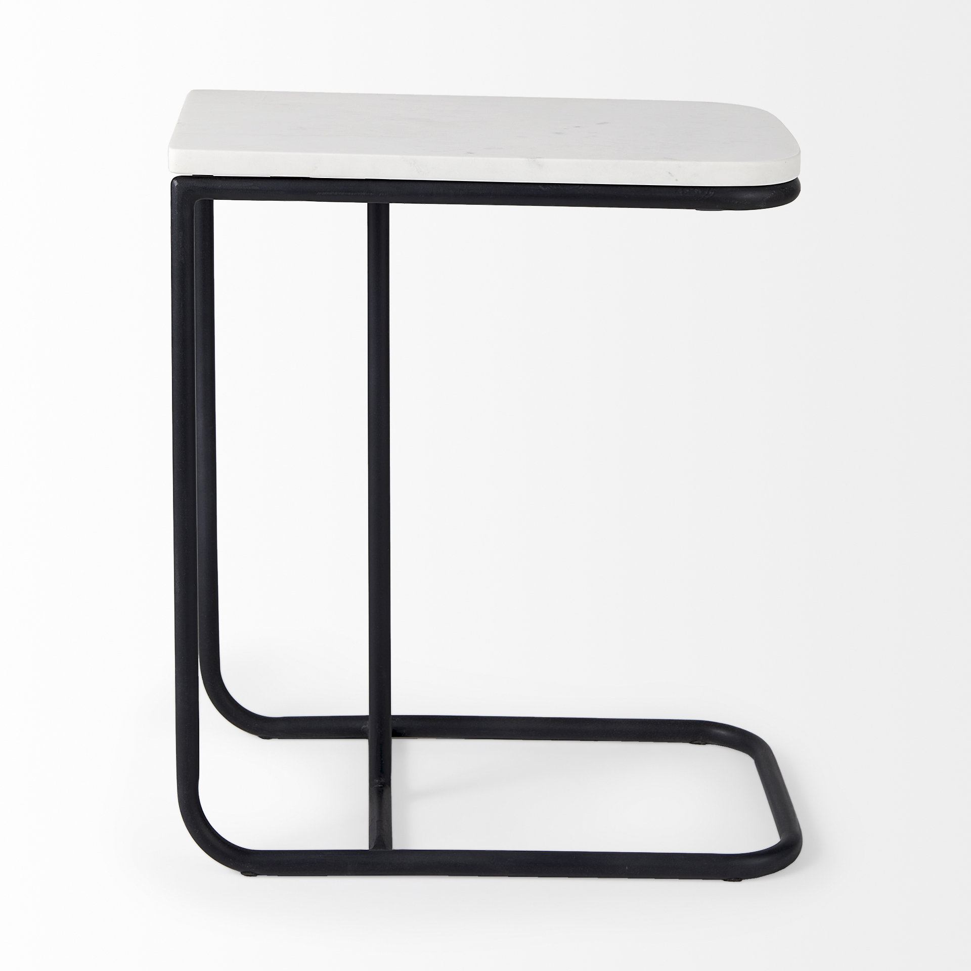 kyra 12.0l x 20.0w x 23.0h white marble top w/black iron frame c-shaped end and side table