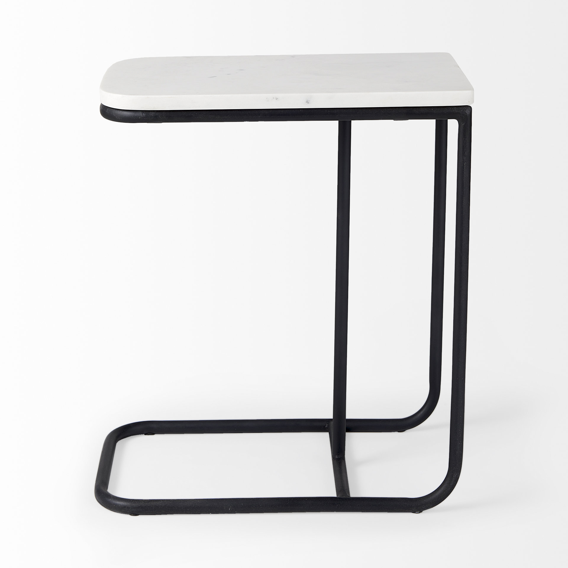 kyra 12.0l x 20.0w x 23.0h white marble top w/black iron frame c-shaped end and side table