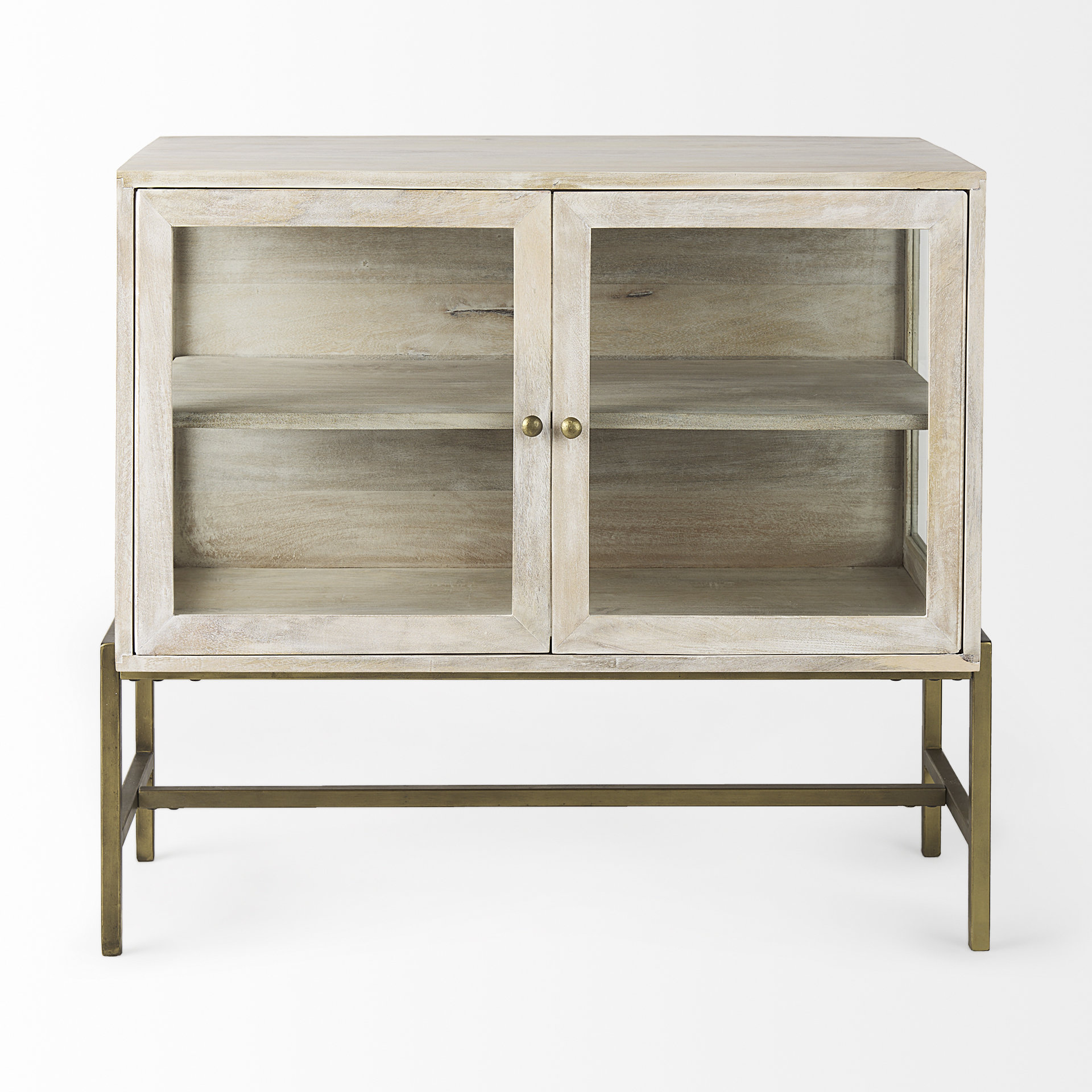 arelius 36l x 18w x 32h white wood, gold metal base w/ 2 glass doors accent cabinet