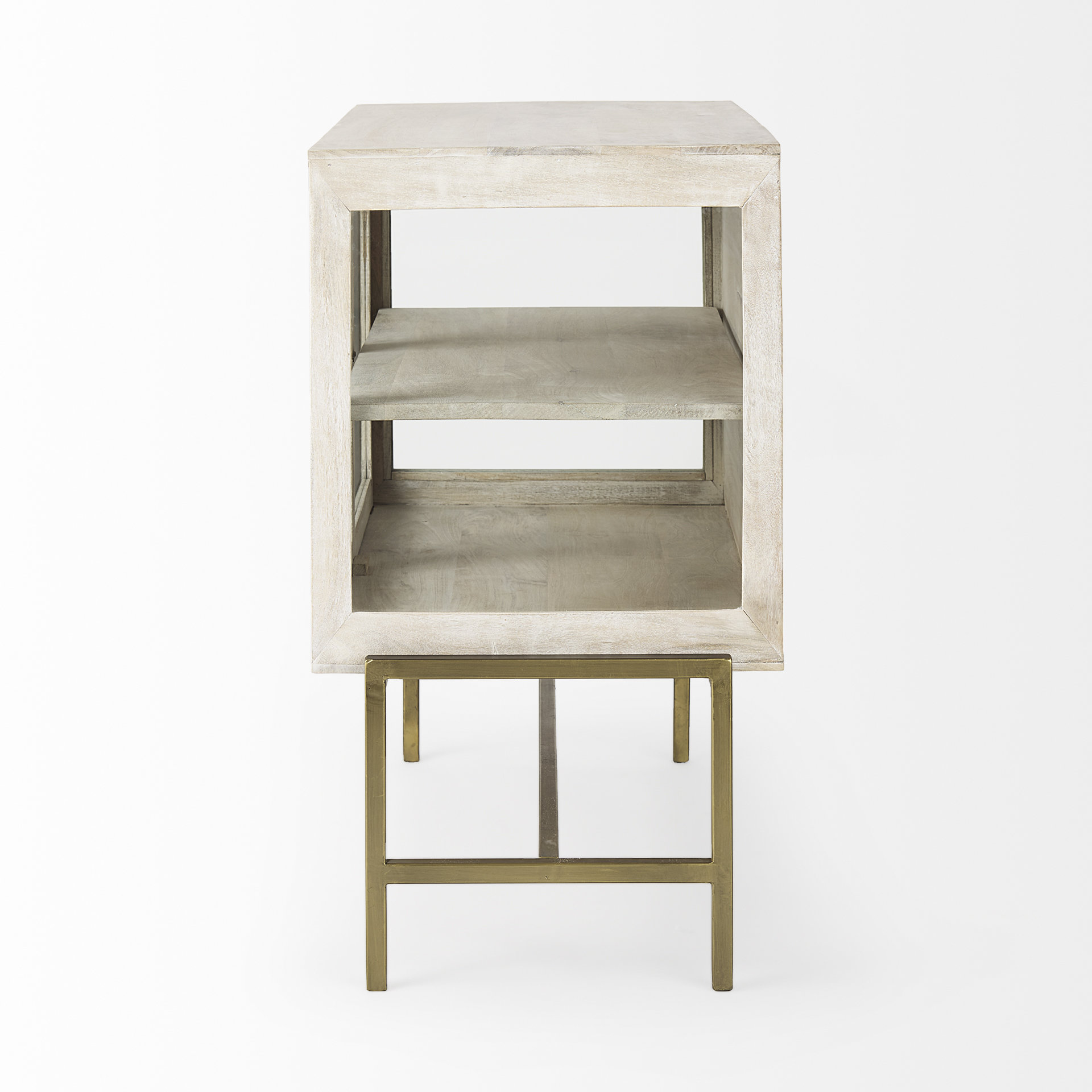 arelius 36l x 18w x 32h white wood, gold metal base w/ 2 glass doors accent cabinet