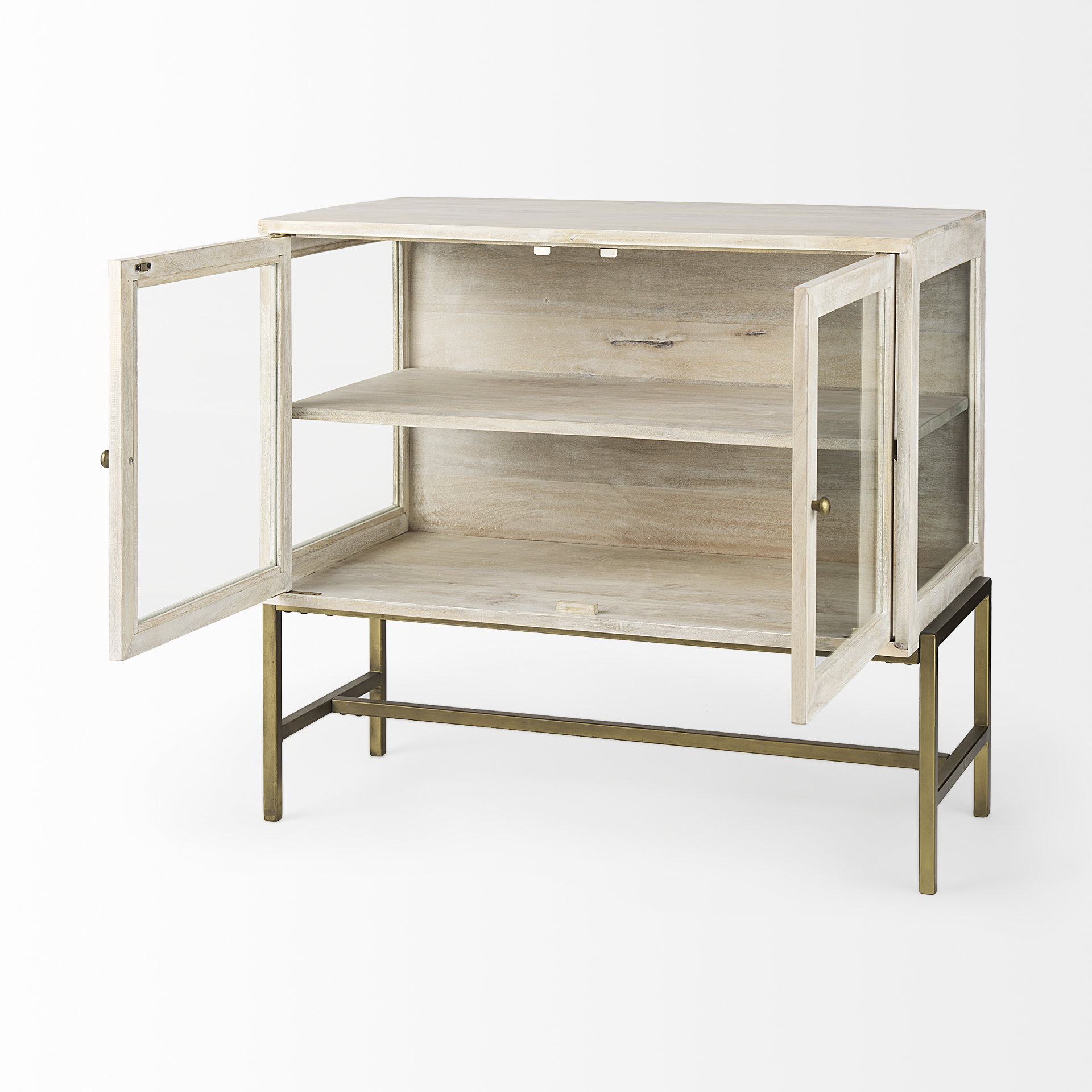 arelius 36l x 18w x 32h white wood, gold metal base w/ 2 glass doors accent cabinet