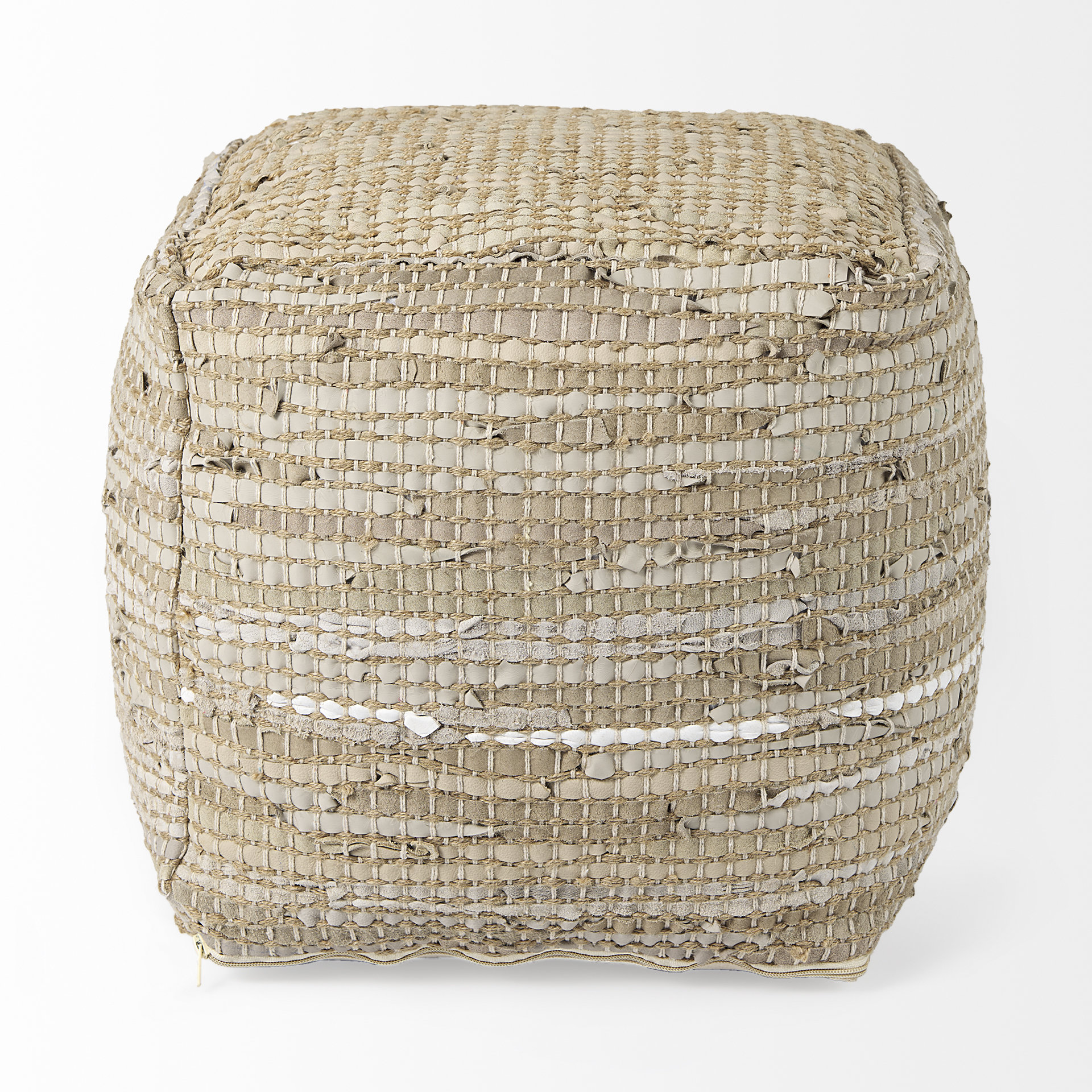 aalia 16.0l x 16.0w x 16.0h beige leather and jute pouf