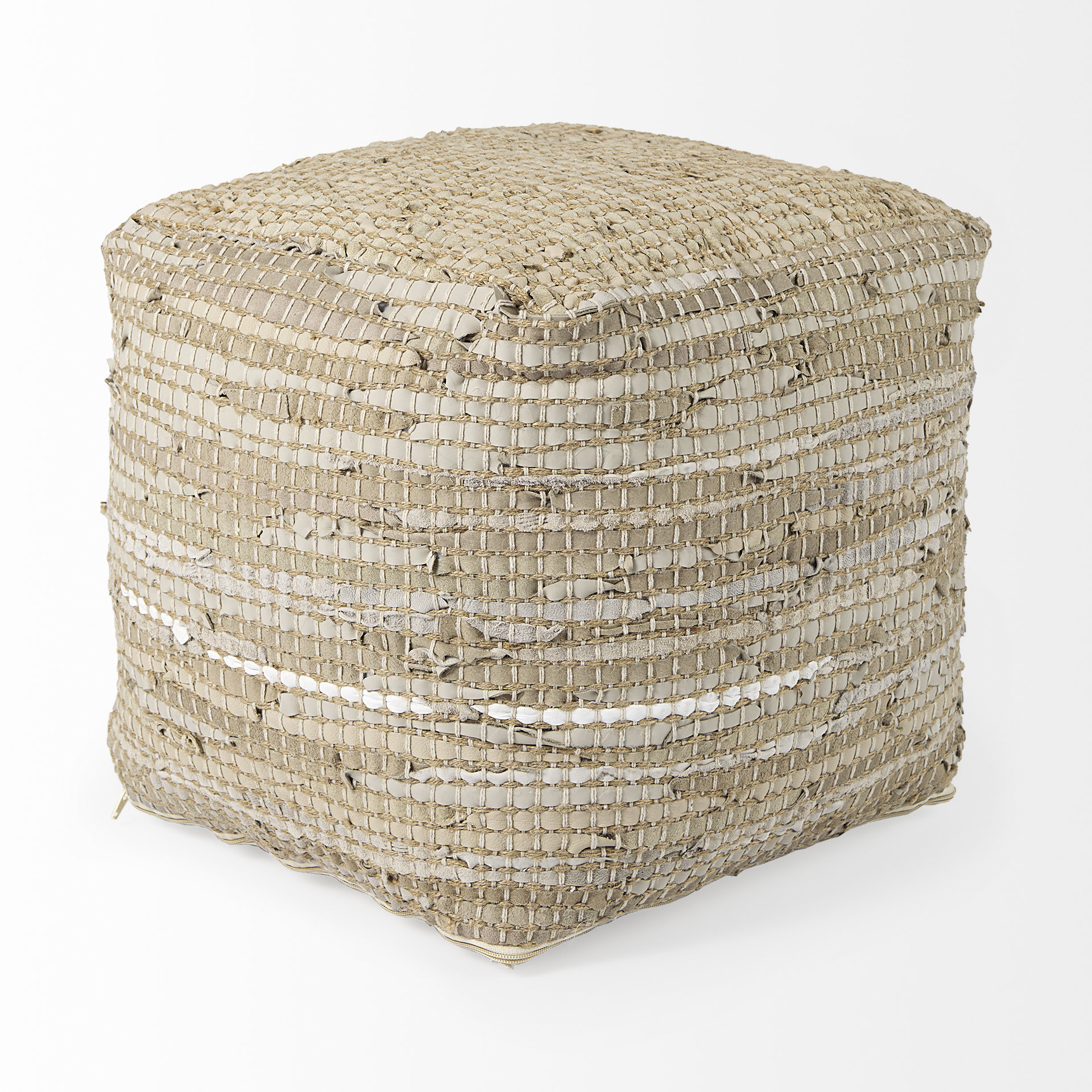 aalia 16.0l x 16.0w x 16.0h beige leather and jute pouf