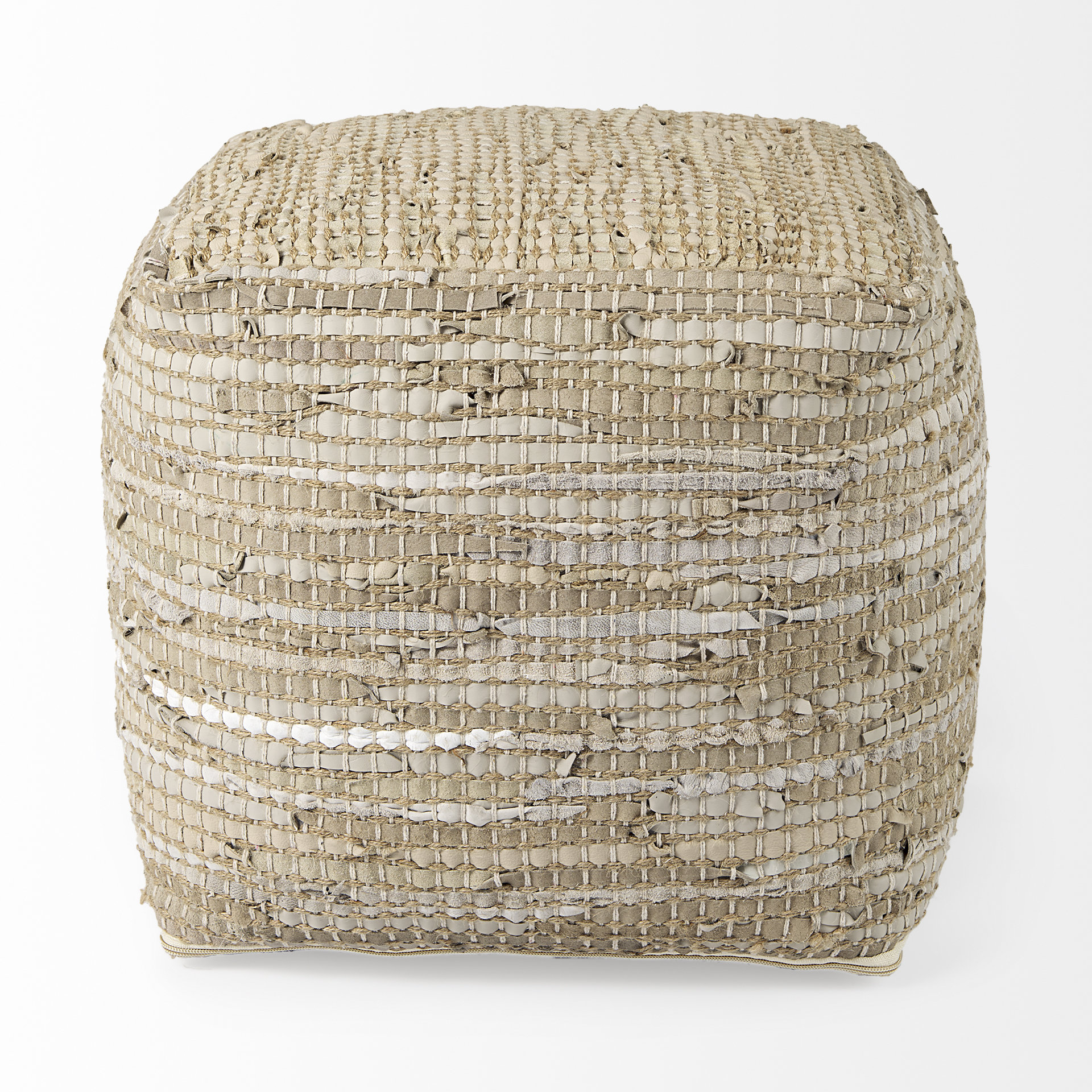 aalia 16.0l x 16.0w x 16.0h beige leather and jute pouf