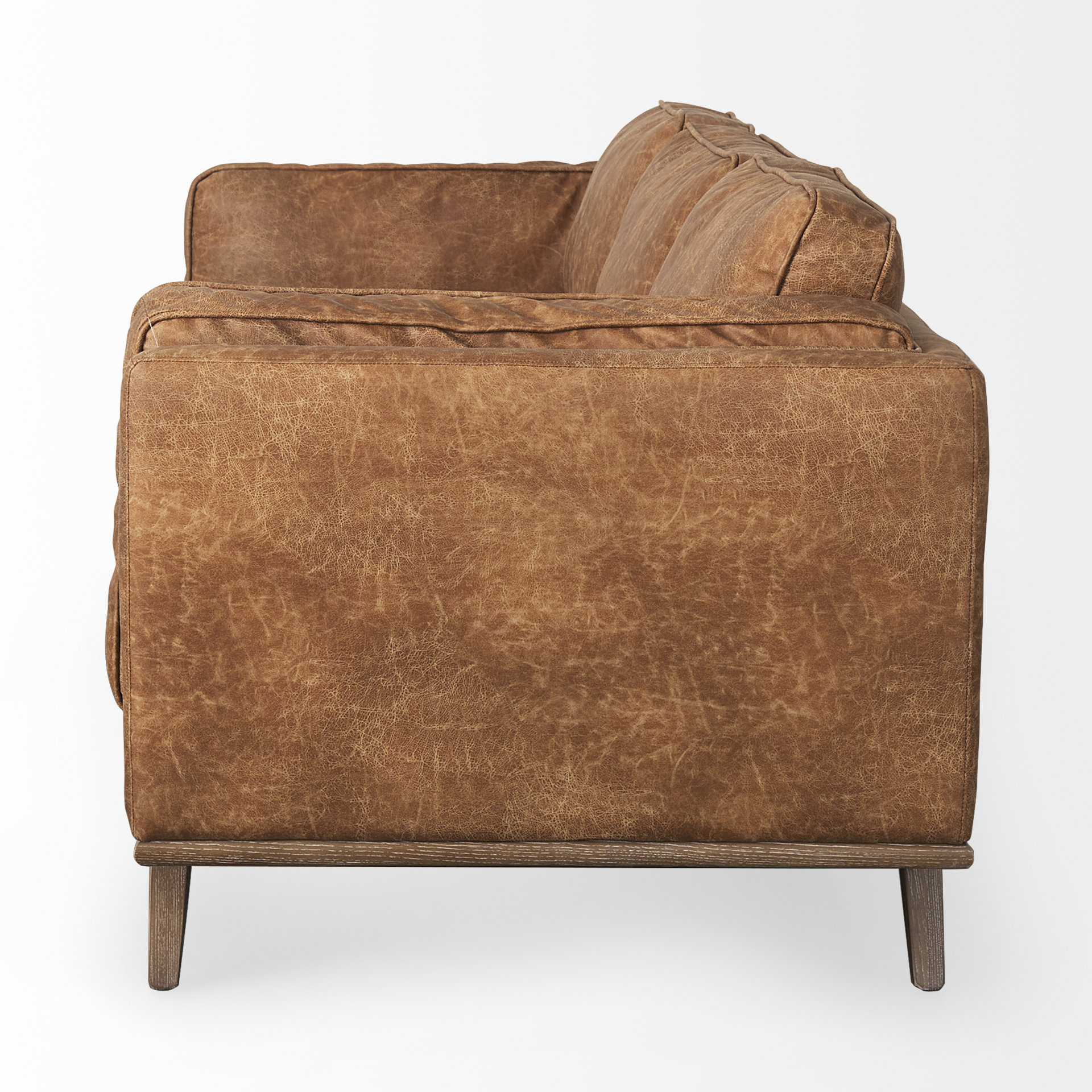 brooks 90.2l x 34.8w x 33.5h cognac brown faux leather three seater sofa w/ medium brown wooden legs